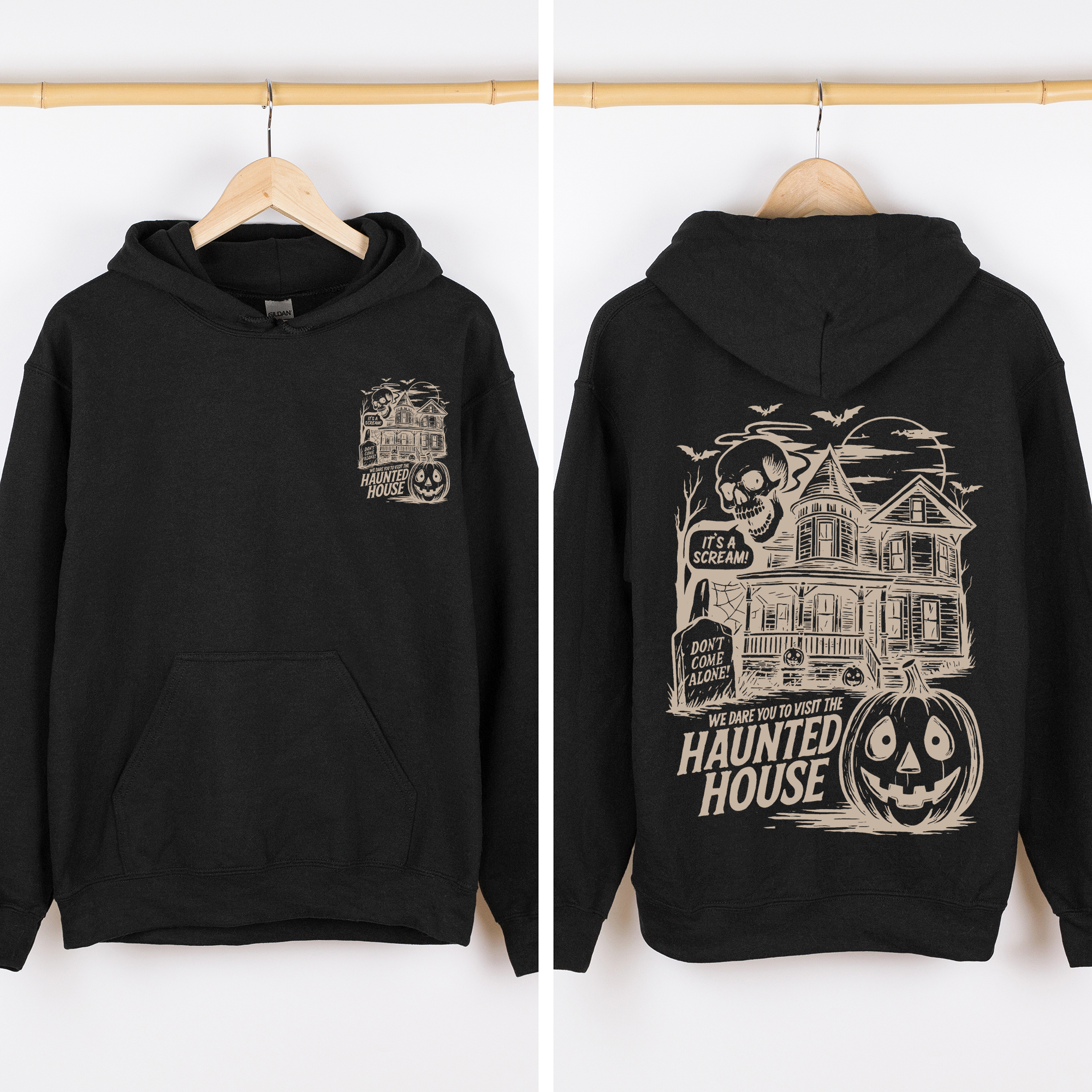 We Dare You To Visit The Haunted House Vintage Inspired Halloween Pumpkin Graphic Hoodie