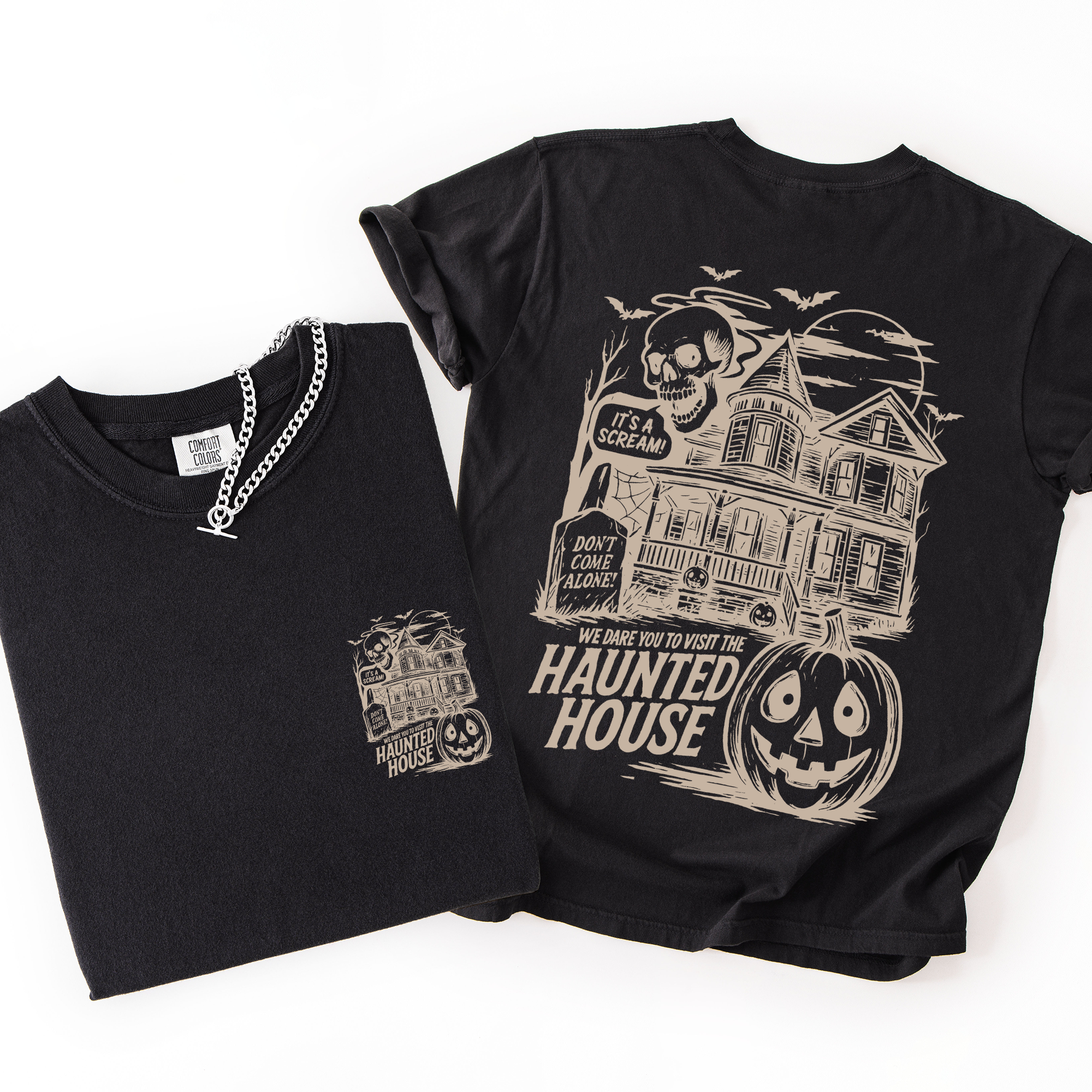 We Dare You To Visit The Haunted House Spooky Halloween Pumpkin Comfort Colors Tee