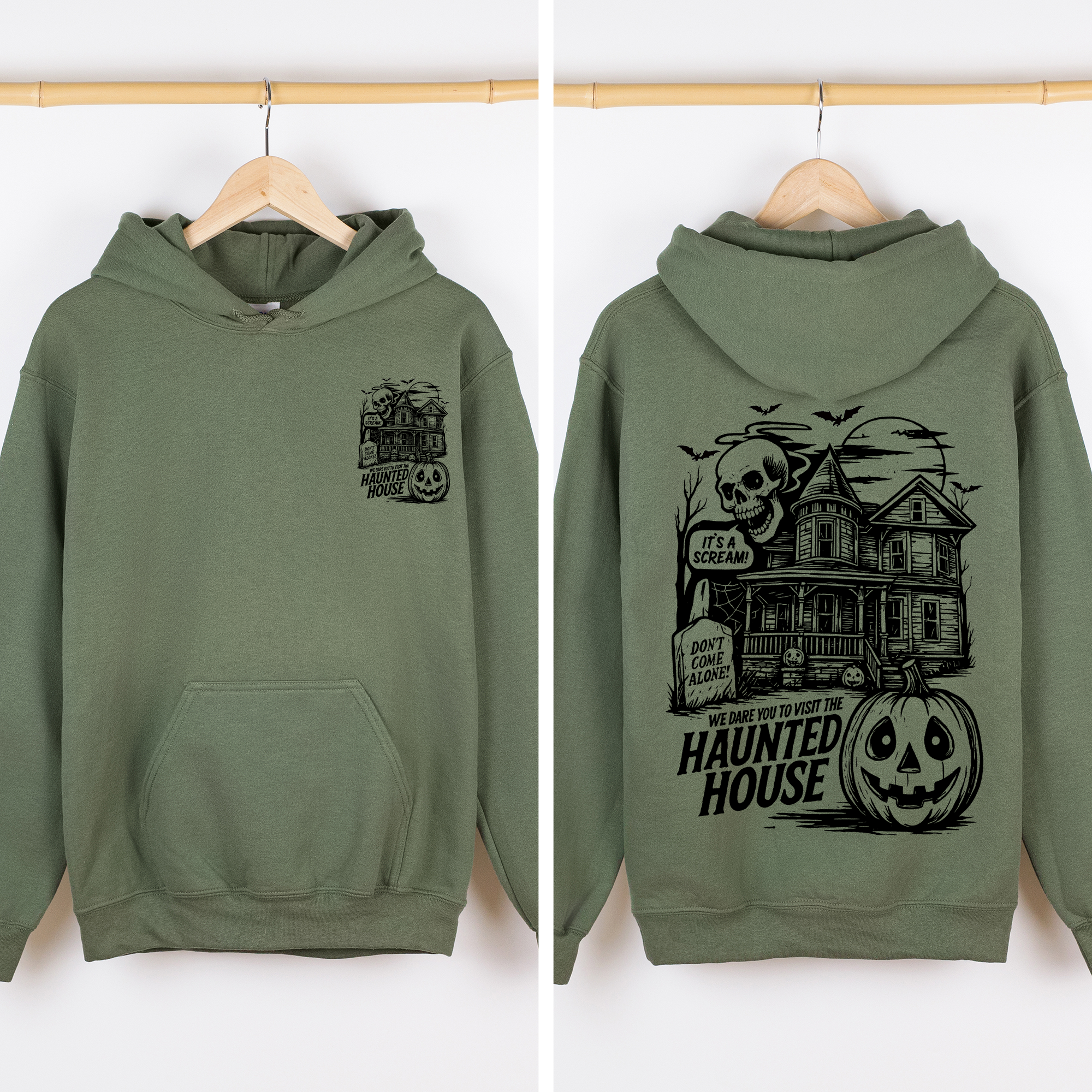 We Dare You To Visit The Haunted House Vintage Inspired Halloween Pumpkin Graphic Hoodie