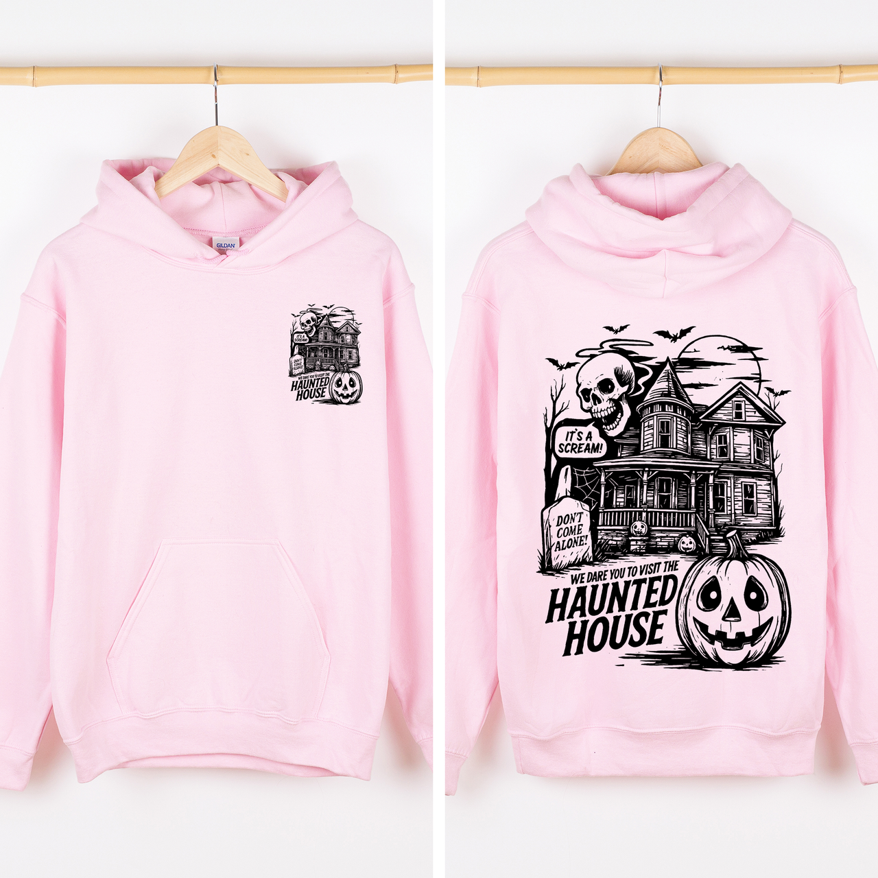 We Dare You To Visit The Haunted House Vintage Inspired Halloween Pumpkin Graphic Hoodie
