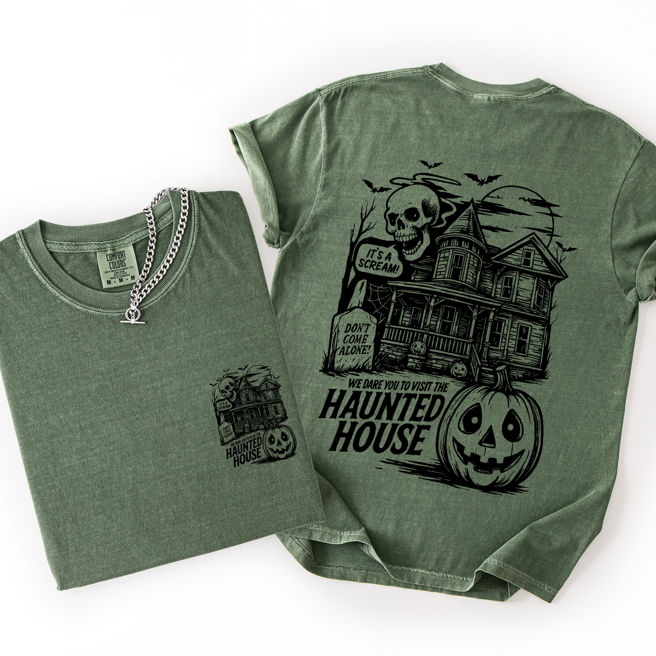 We Dare You To Visit The Haunted House Spooky Halloween Pumpkin Comfort Colors Tee