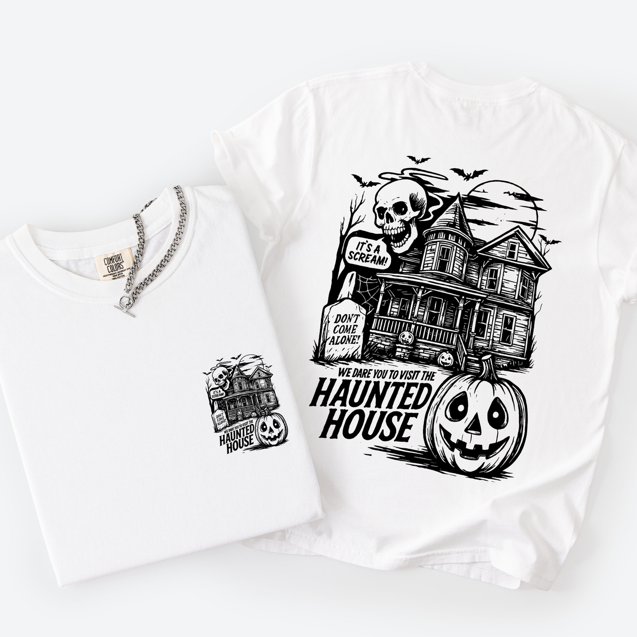 We Dare You To Visit The Haunted House Spooky Halloween Pumpkin Comfort Colors Tee