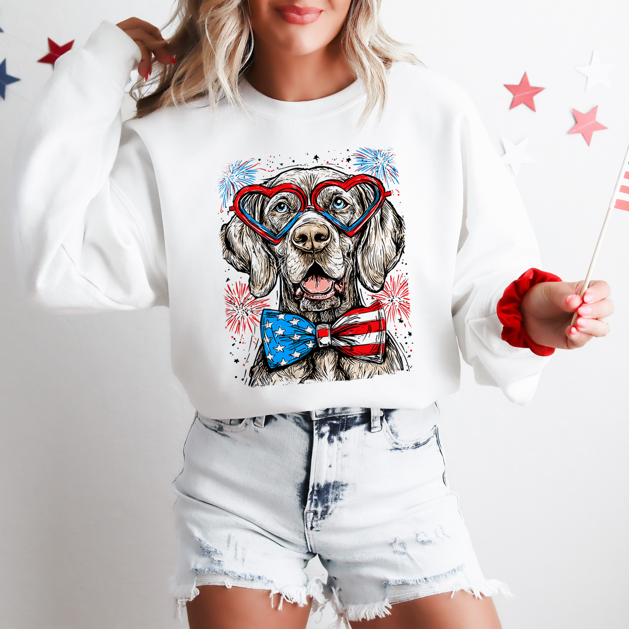 Weimaraner Patriotic Dog USA American Flag 4th of July Pet Lover Land of The Free Sweatshirt