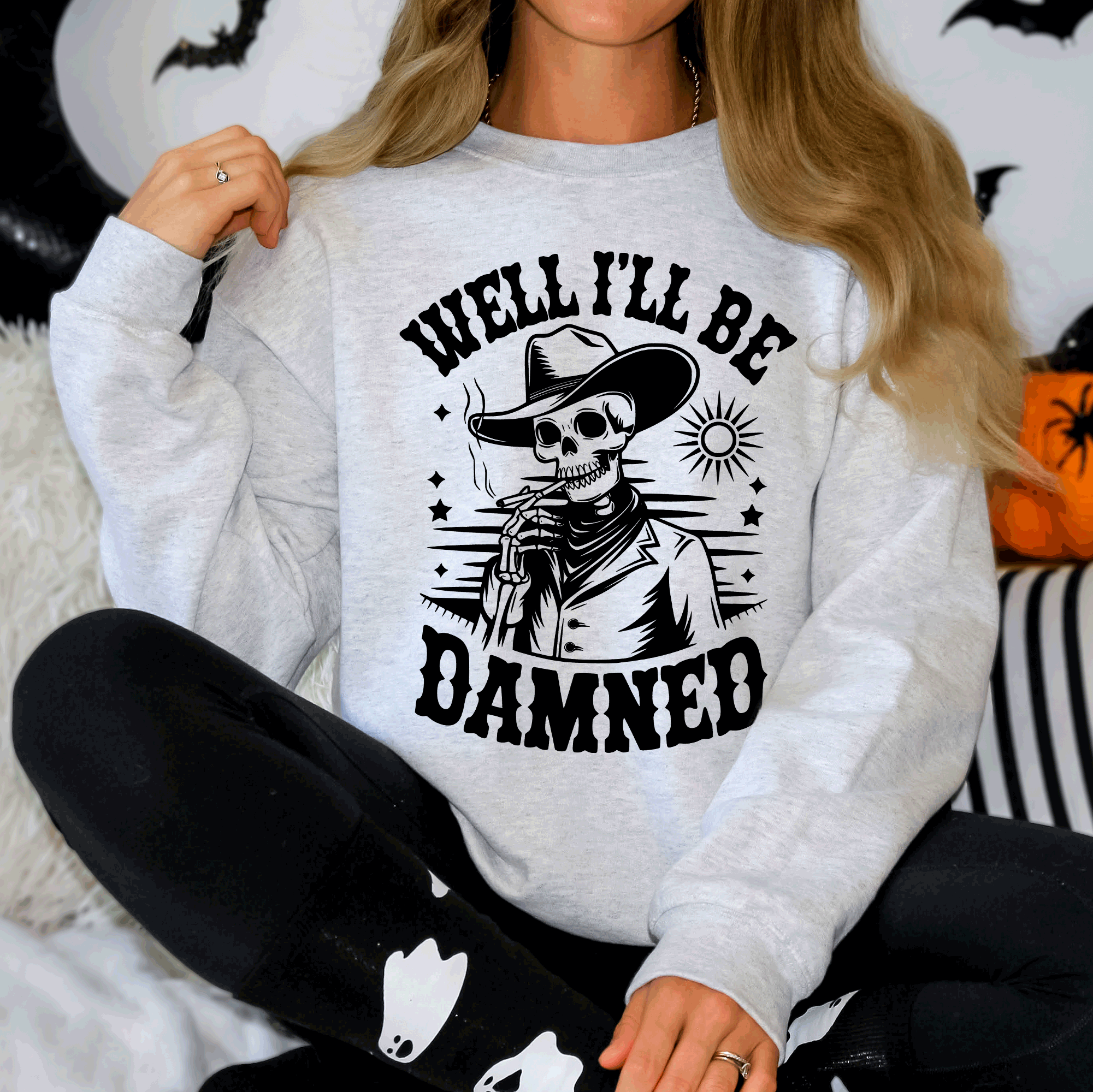 Well I'll Be Damned Skeleton Halloween Cozy Graphic Typography Ornaments Edition Sweatshirt
