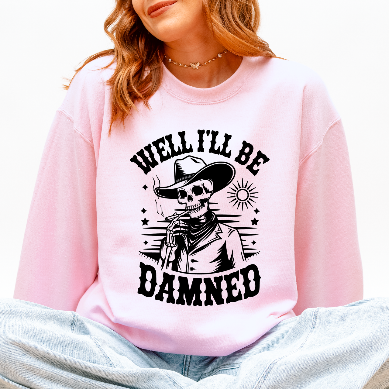 Well I'll Be Damned Skeleton Halloween Cozy Graphic Typography Ornaments Edition Sweatshirt