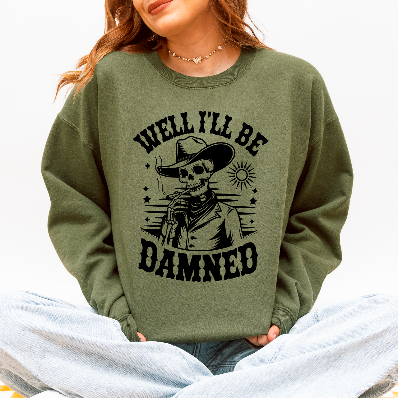 Well I'll Be Damned Skeleton Halloween Cozy Graphic Typography Ornaments Edition Sweatshirt