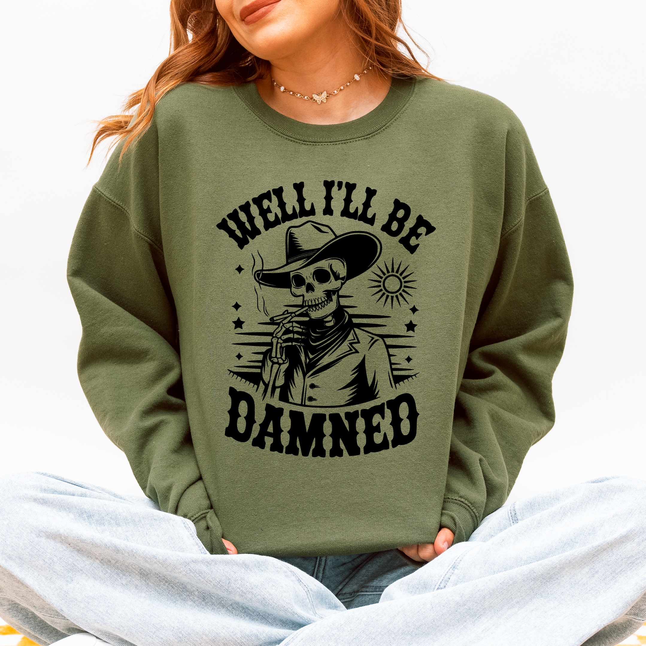 Well I'll Be Damned Skeleton Halloween Cozy Graphic Typography Ornaments Edition Sweatshirt
