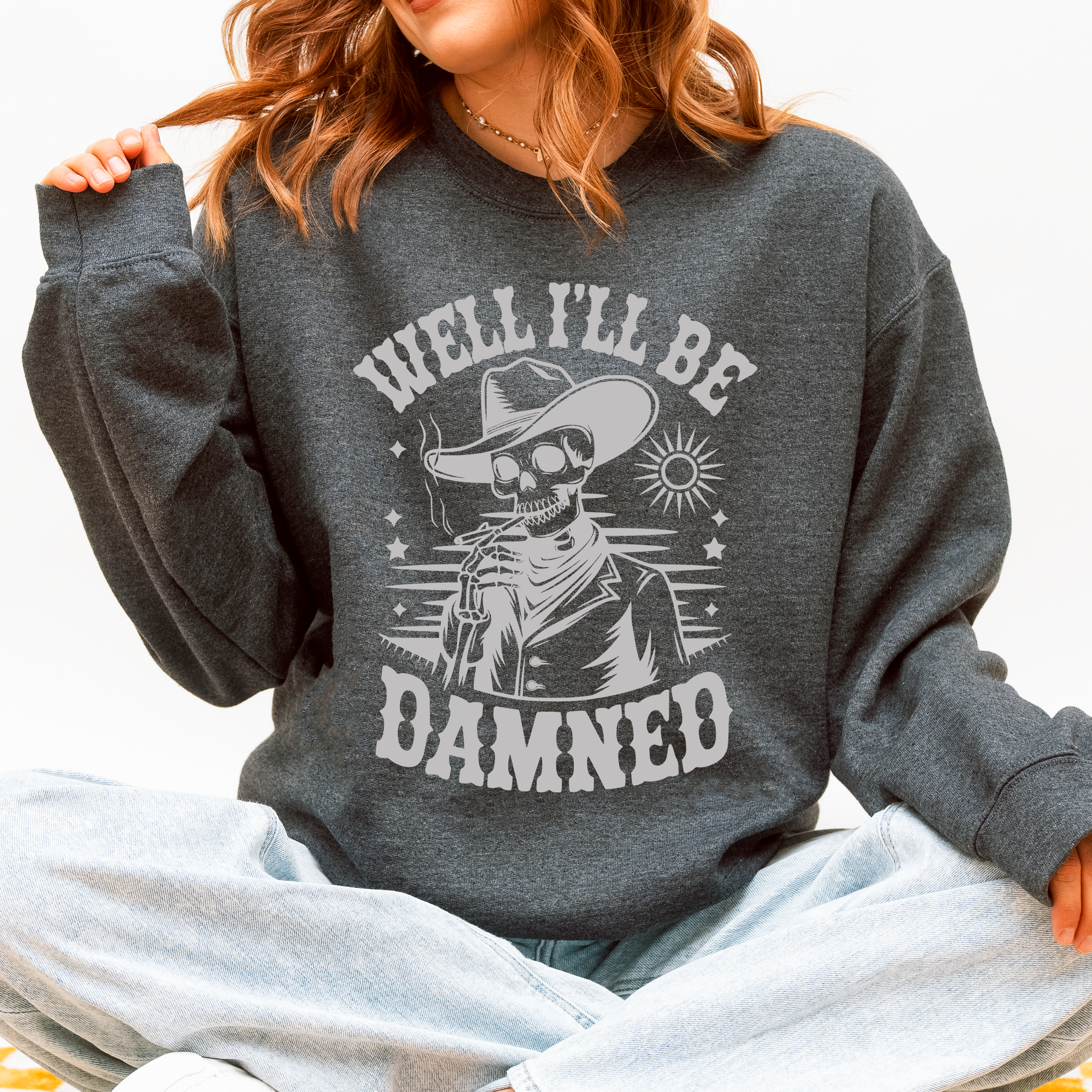 Well I'll Be Damned Skeleton Halloween Cozy Graphic Typography Ornaments Edition Sweatshirt