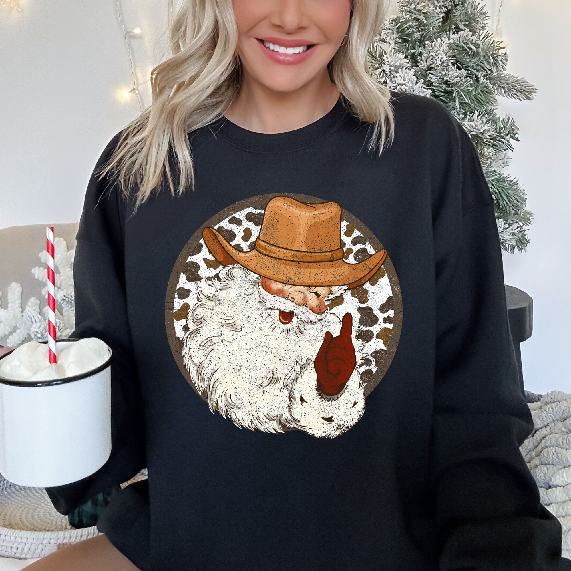 Western Cowboy Santa Hat Cow Print Christmas Retro Motif Holiday Design Sweatshirt