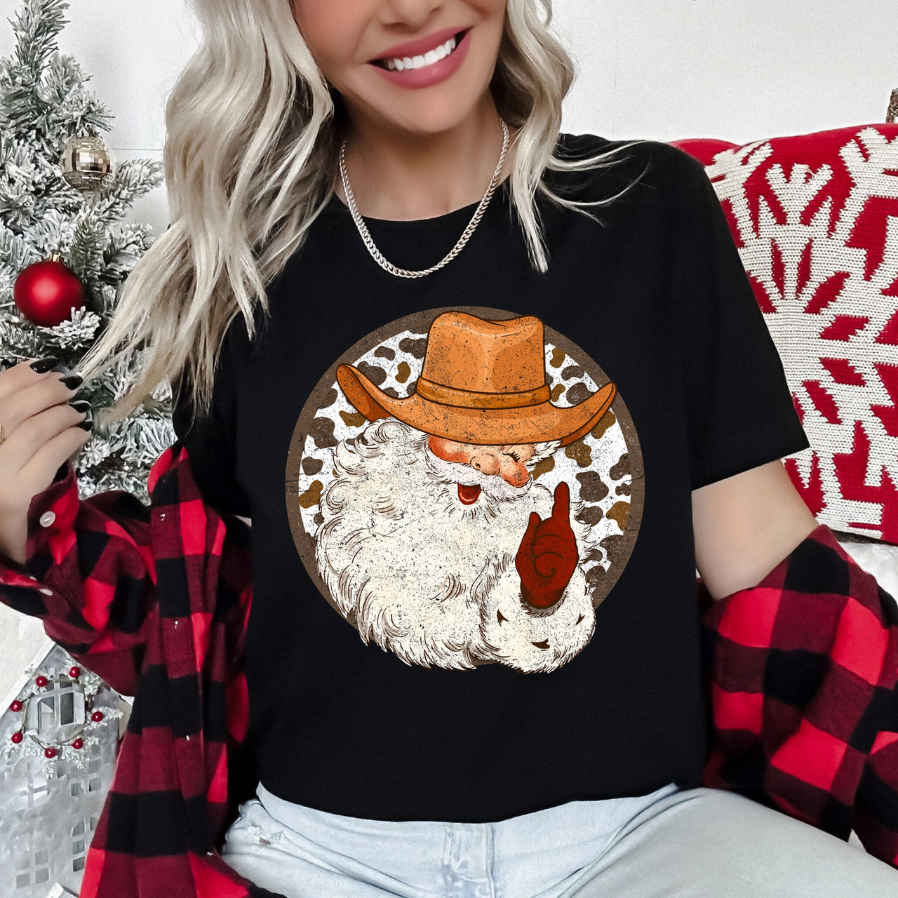 Western Cowboy Santa Hat Cow Print Christmas Retro Vintage Ultra Soft Graphic Tee