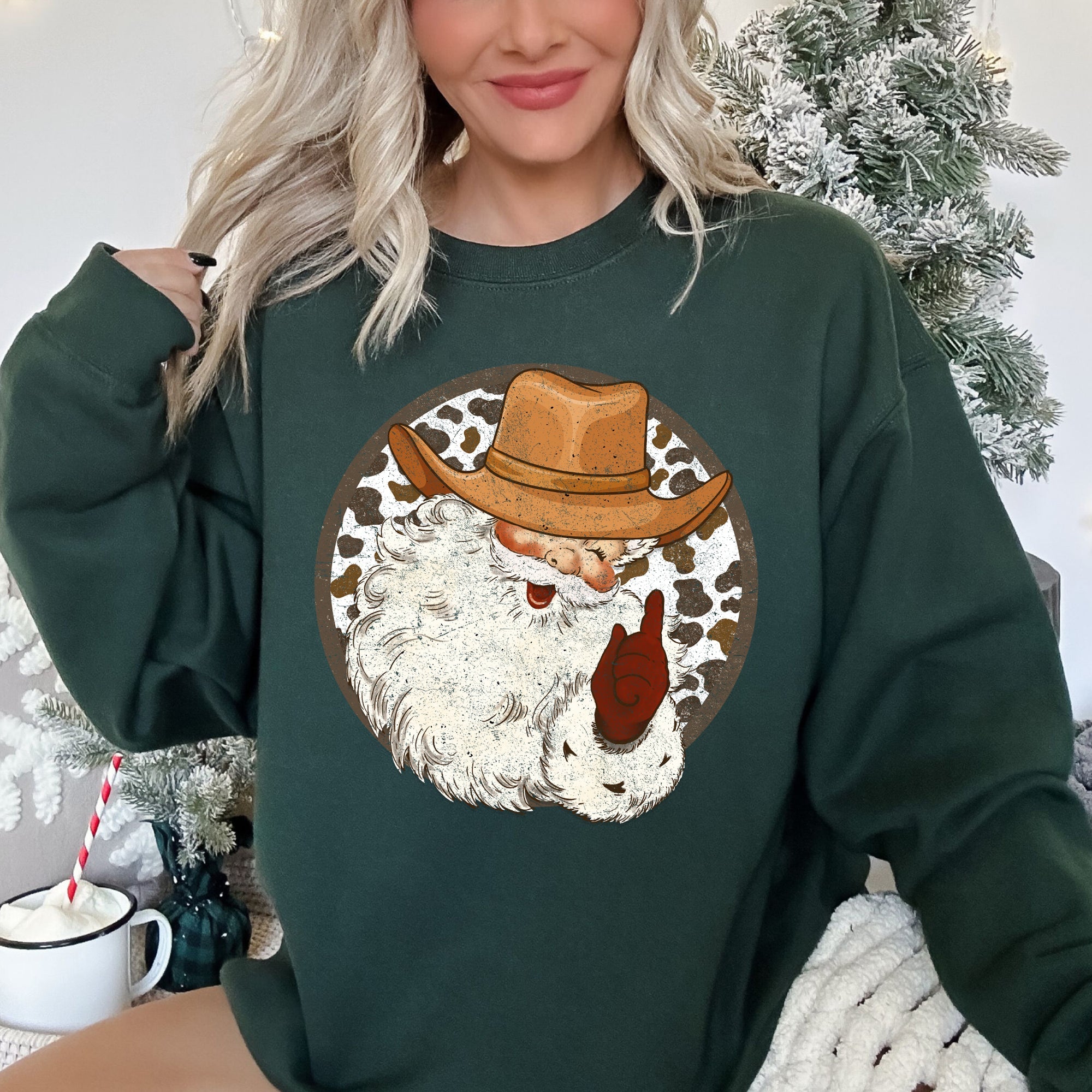 Western Cowboy Santa Hat Cow Print Christmas Retro Motif Holiday Design Sweatshirt