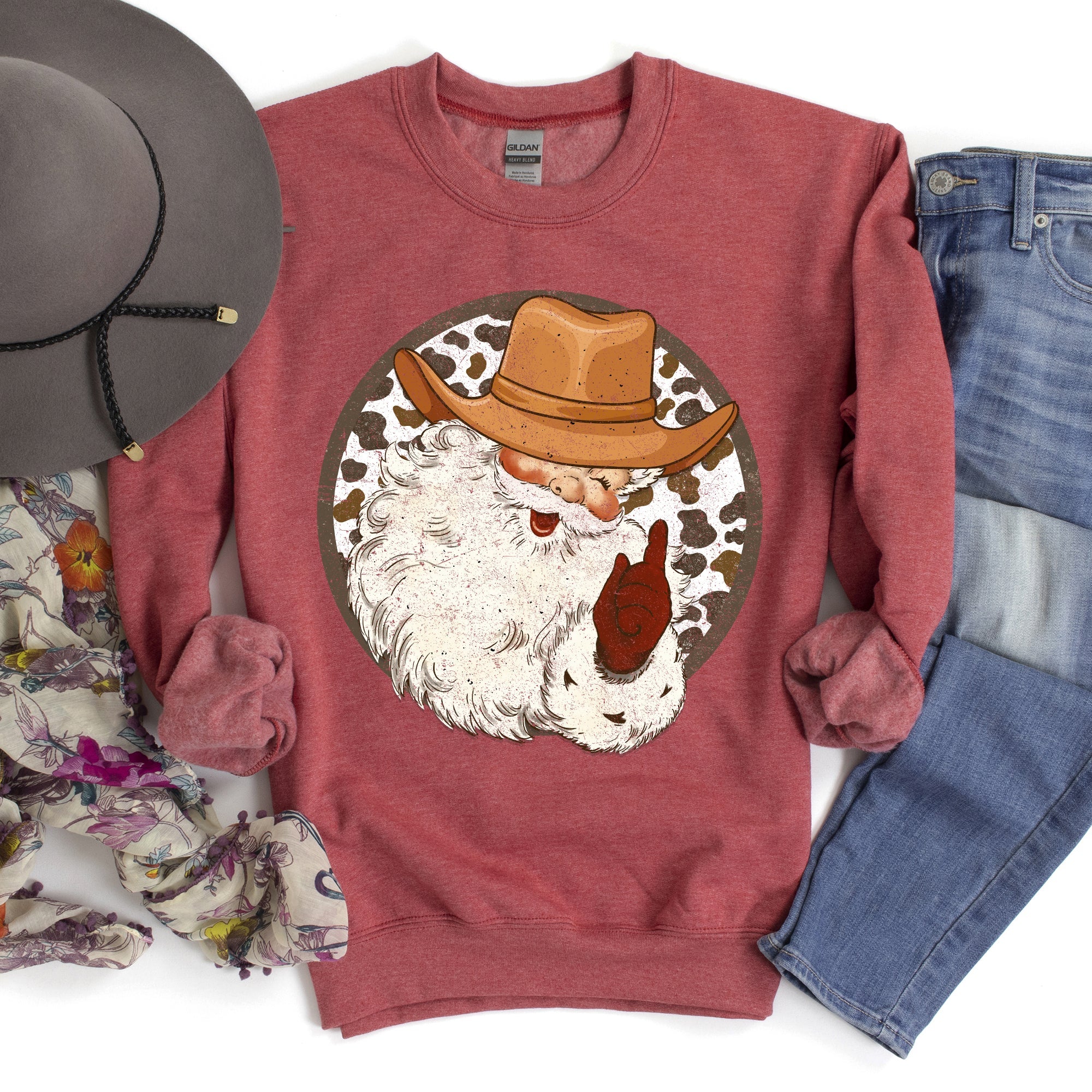 Western Cowboy Santa Hat Cow Print Christmas Retro Motif Holiday Design Sweatshirt