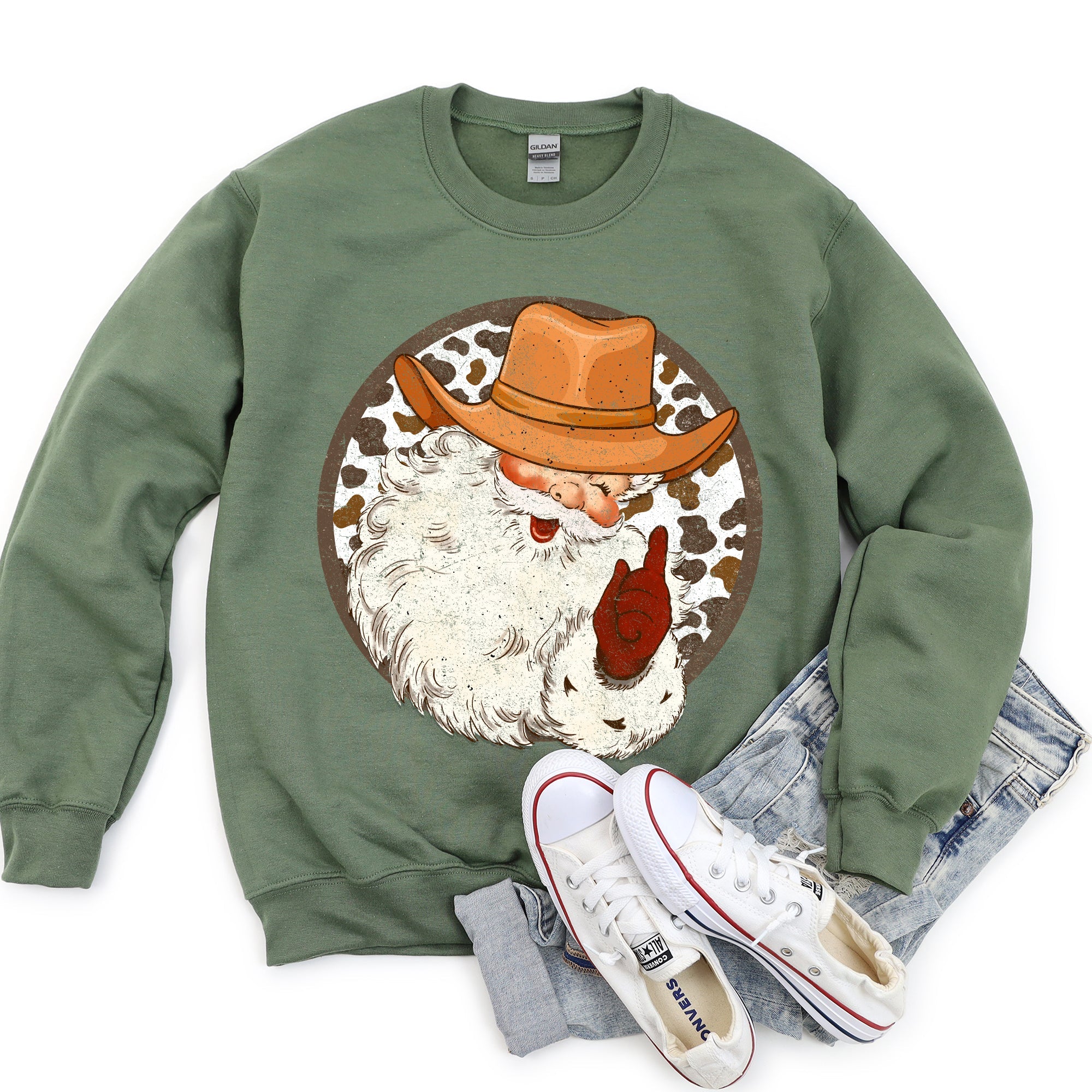 Western Cowboy Santa Hat Cow Print Christmas Retro Motif Holiday Design Sweatshirt