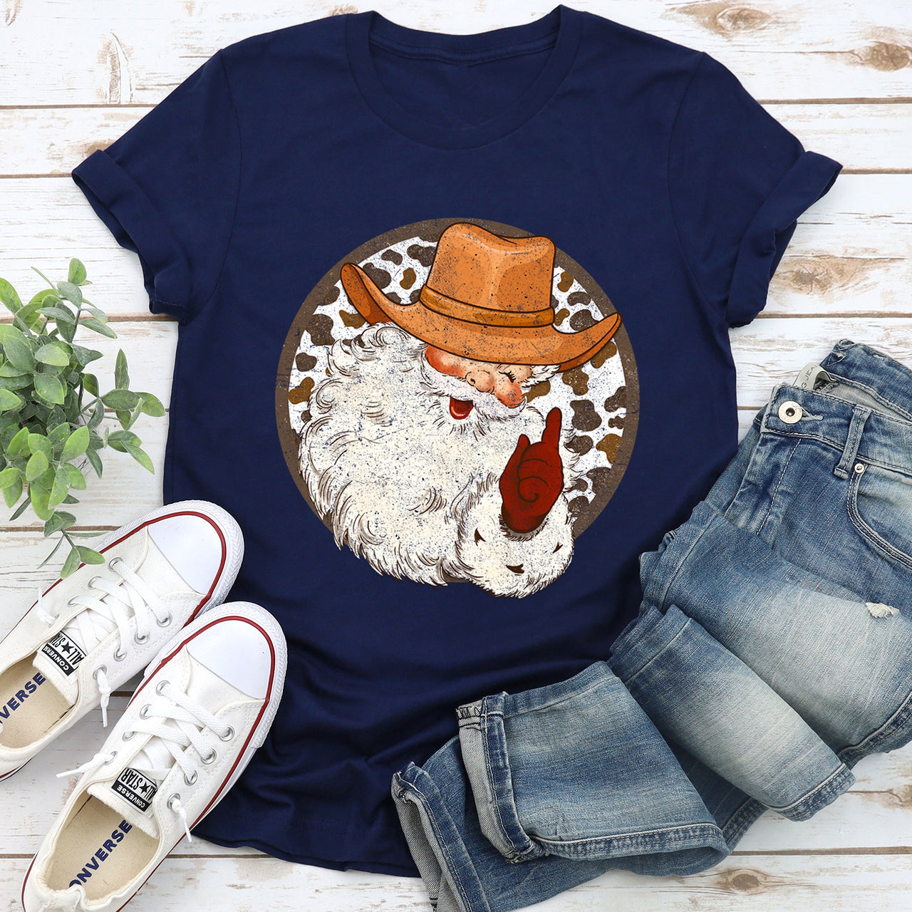 Western Cowboy Santa Hat Cow Print Christmas Retro Vintage Ultra Soft Graphic Tee
