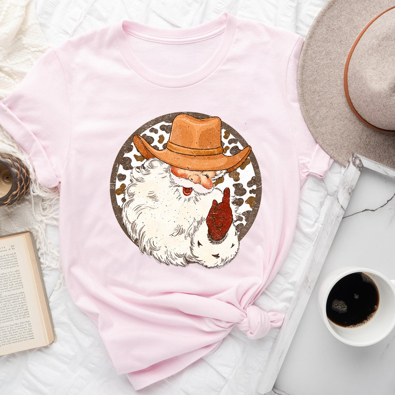 Western Cowboy Santa Hat Cow Print Christmas Retro Vintage Ultra Soft Graphic Tee
