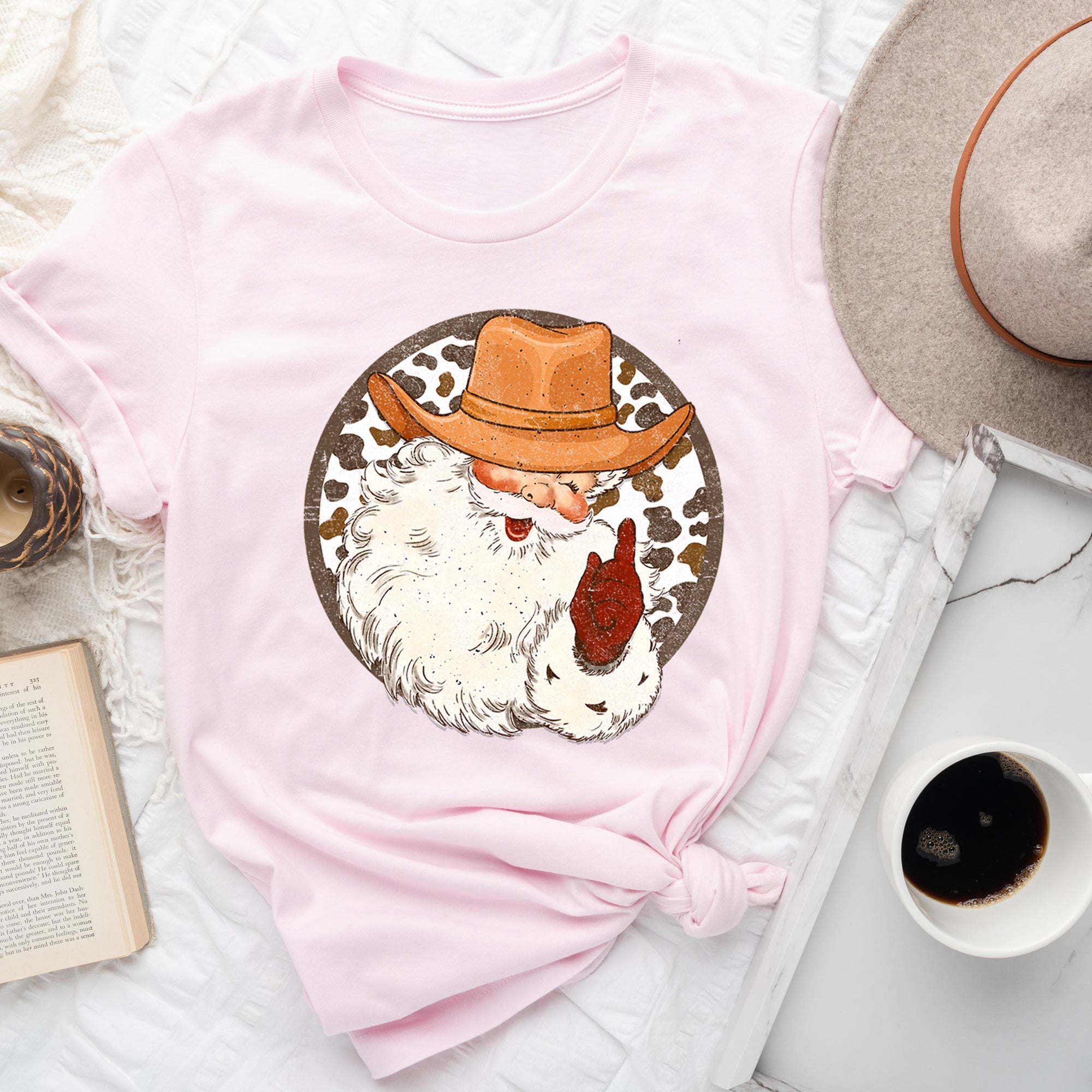 Western Cowboy Santa Hat Cow Print Christmas Retro Vintage Ultra Soft Graphic Tee