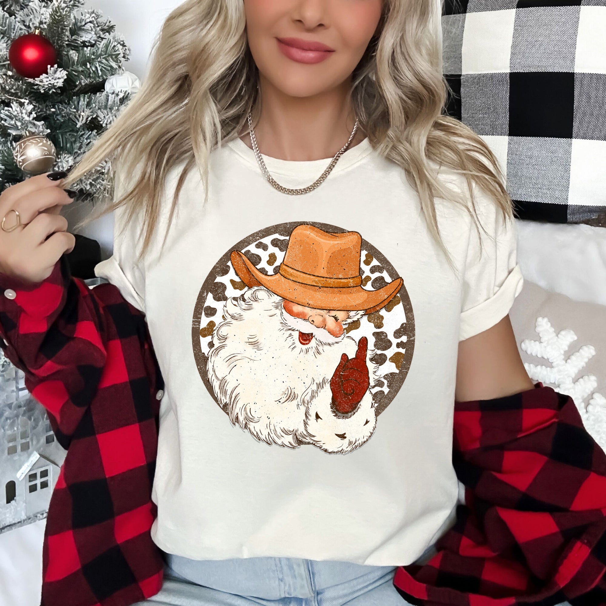 Western Cowboy Santa Hat Cow Print Christmas Retro Vintage Ultra Soft Graphic Tee