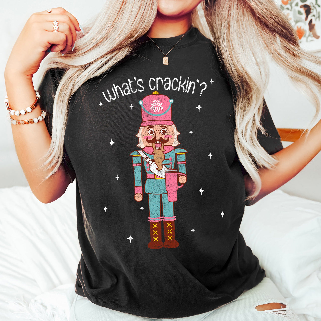 What's Crackin Nutcracker Christmas Text Festive Holiday Greeting Design For Seasonal Cheer Comfort Colors Tee