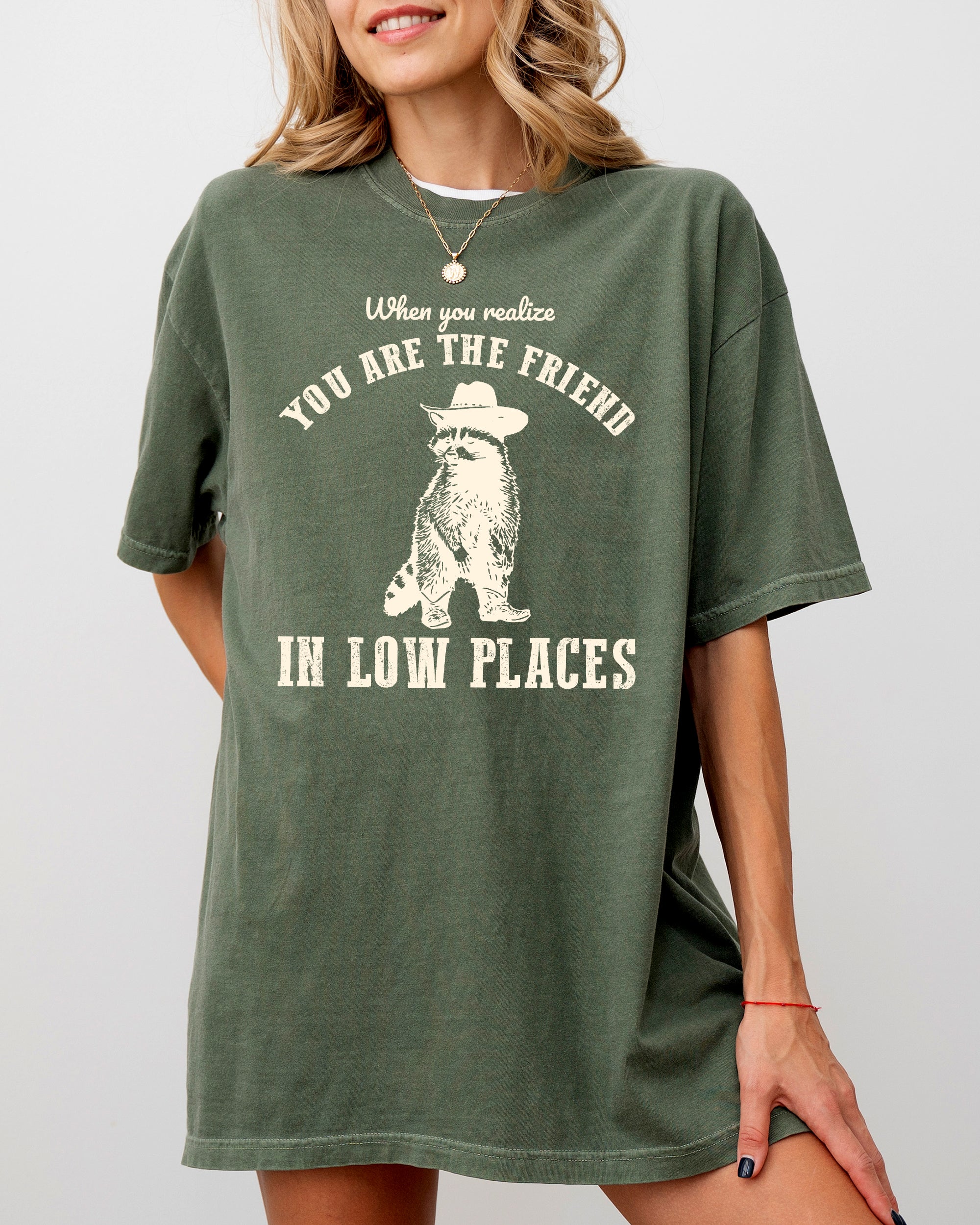 When You Realize, You Are The Friend In Low Places Raccoon Sarcastic Graphic Tee