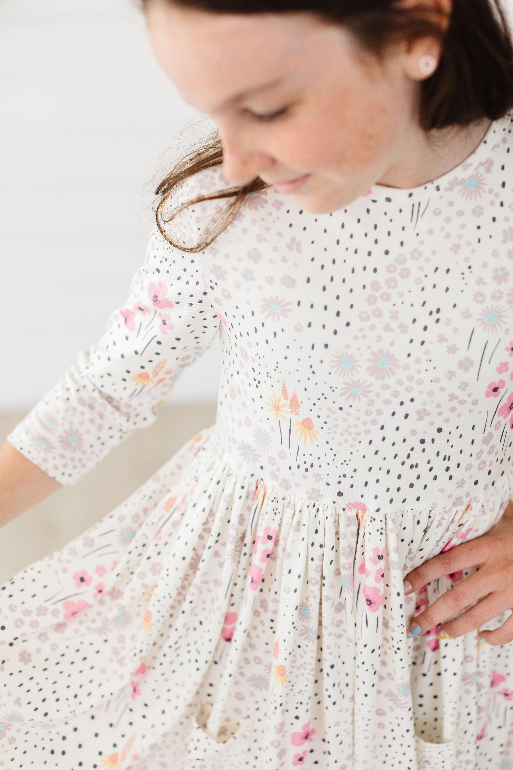 SALE Whimsical Wildflowers 3/4 Sleeve Pocket Twirl Dress