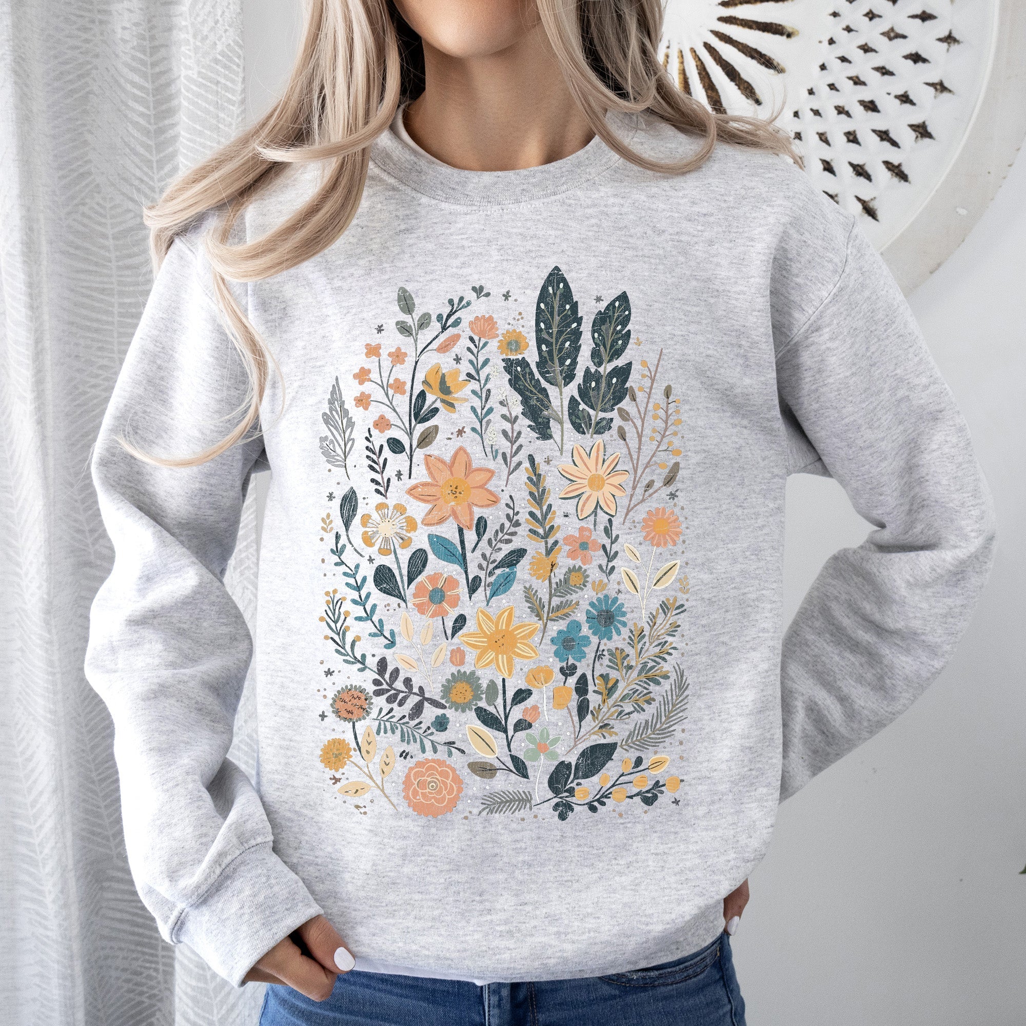Whimsical Garden Floral Design With Delicate Petals And Lush Leaves And Blooms Sweatshirt