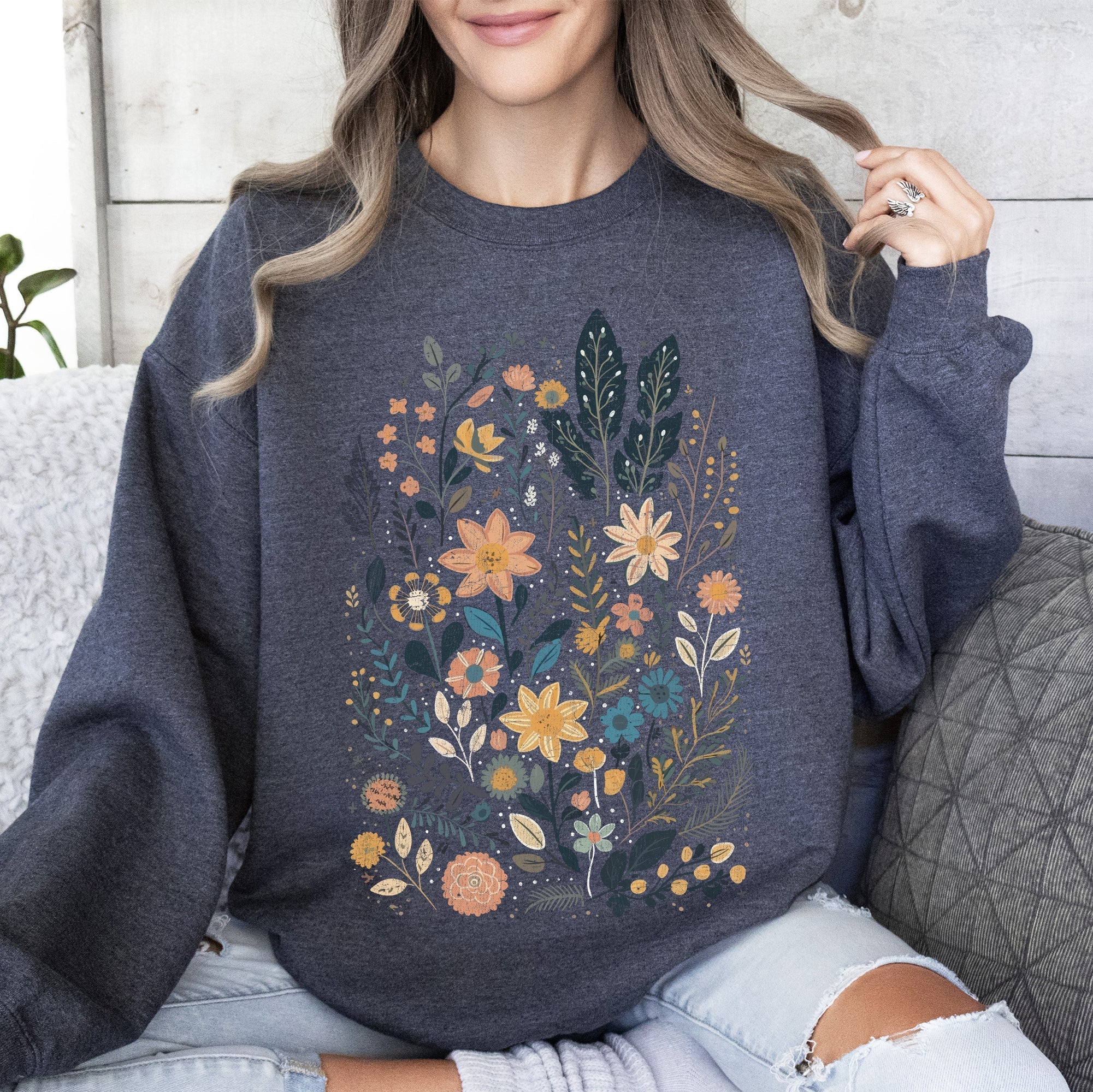 Whimsical Garden Floral Design With Delicate Petals And Lush Leaves And Blooms Sweatshirt