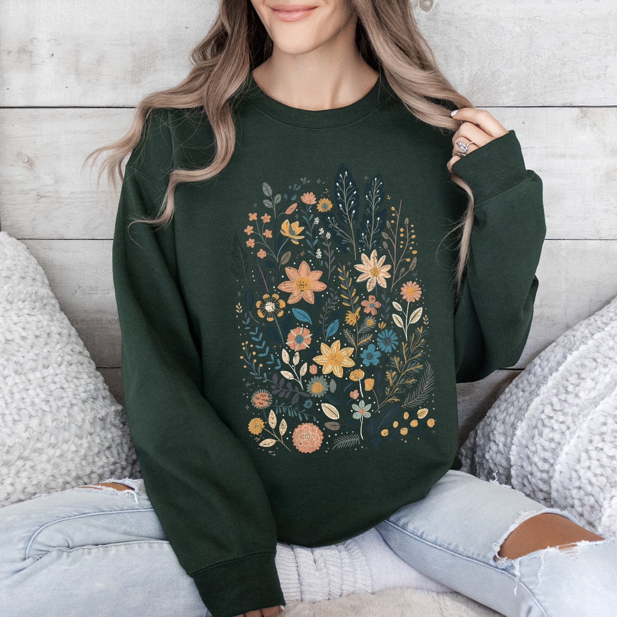 Whimsical Garden Floral Design With Delicate Petals And Lush Leaves And Blooms Sweatshirt