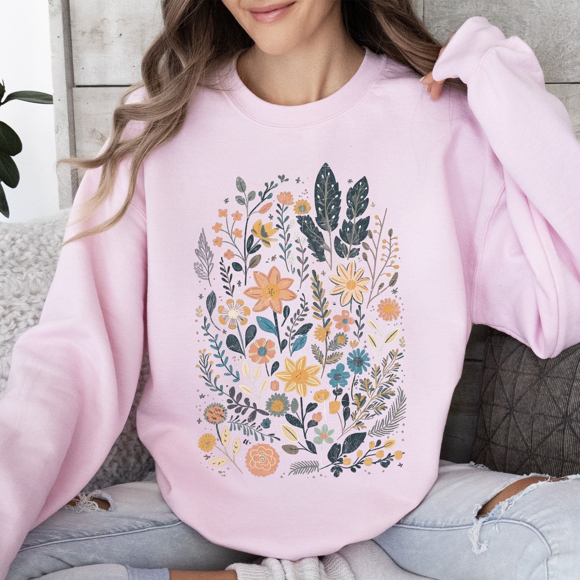 Whimsical Garden Floral Design With Delicate Petals And Lush Leaves And Blooms Sweatshirt
