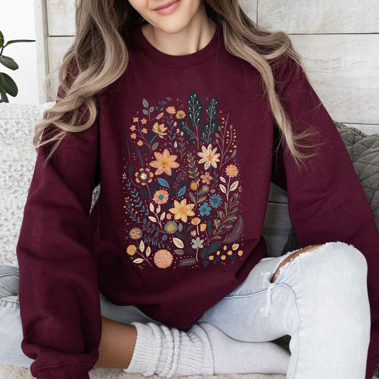 Whimsical Garden Floral Design With Delicate Petals And Lush Leaves And Blooms Sweatshirt