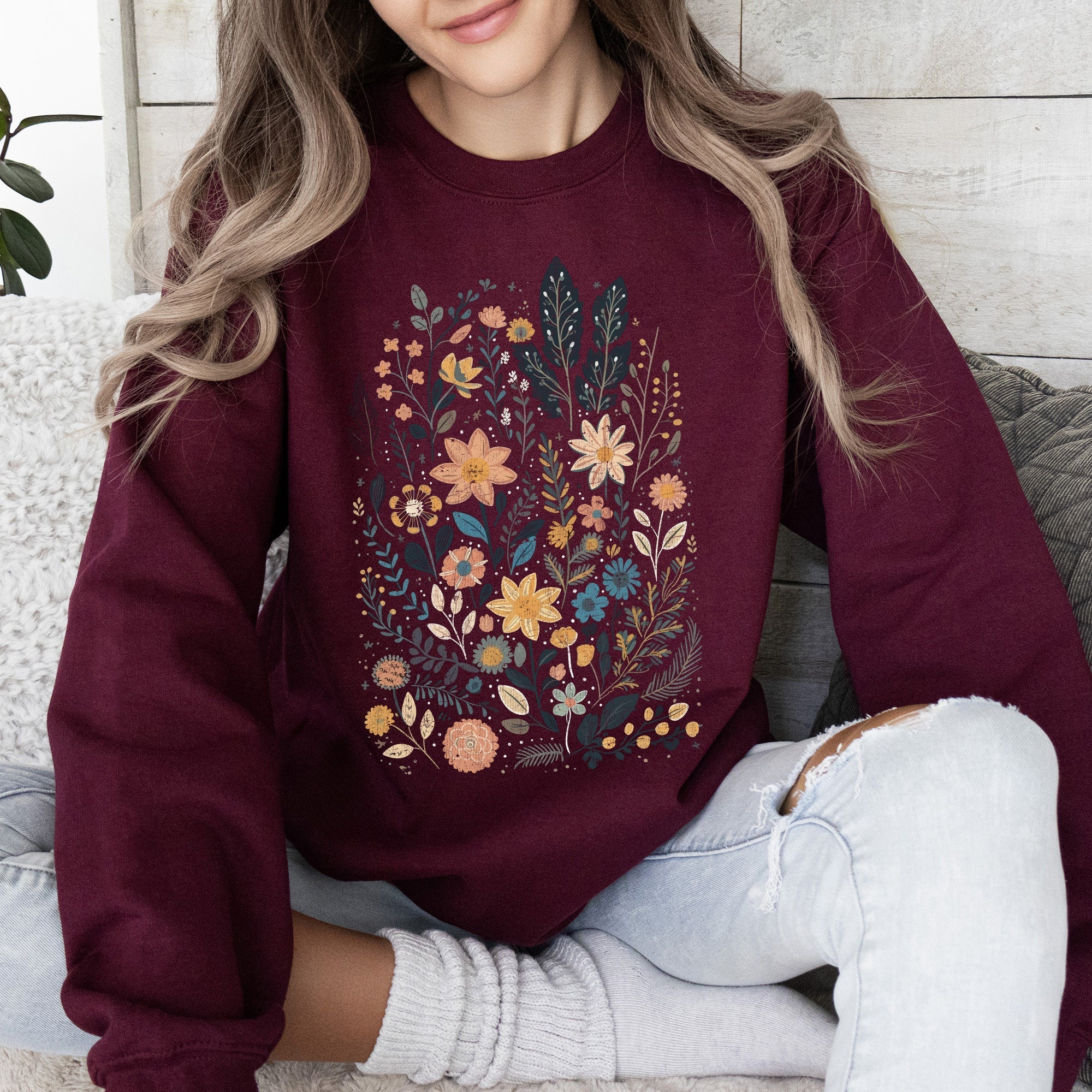 Whimsical Garden Floral Design With Delicate Petals And Lush Leaves And Blooms Sweatshirt