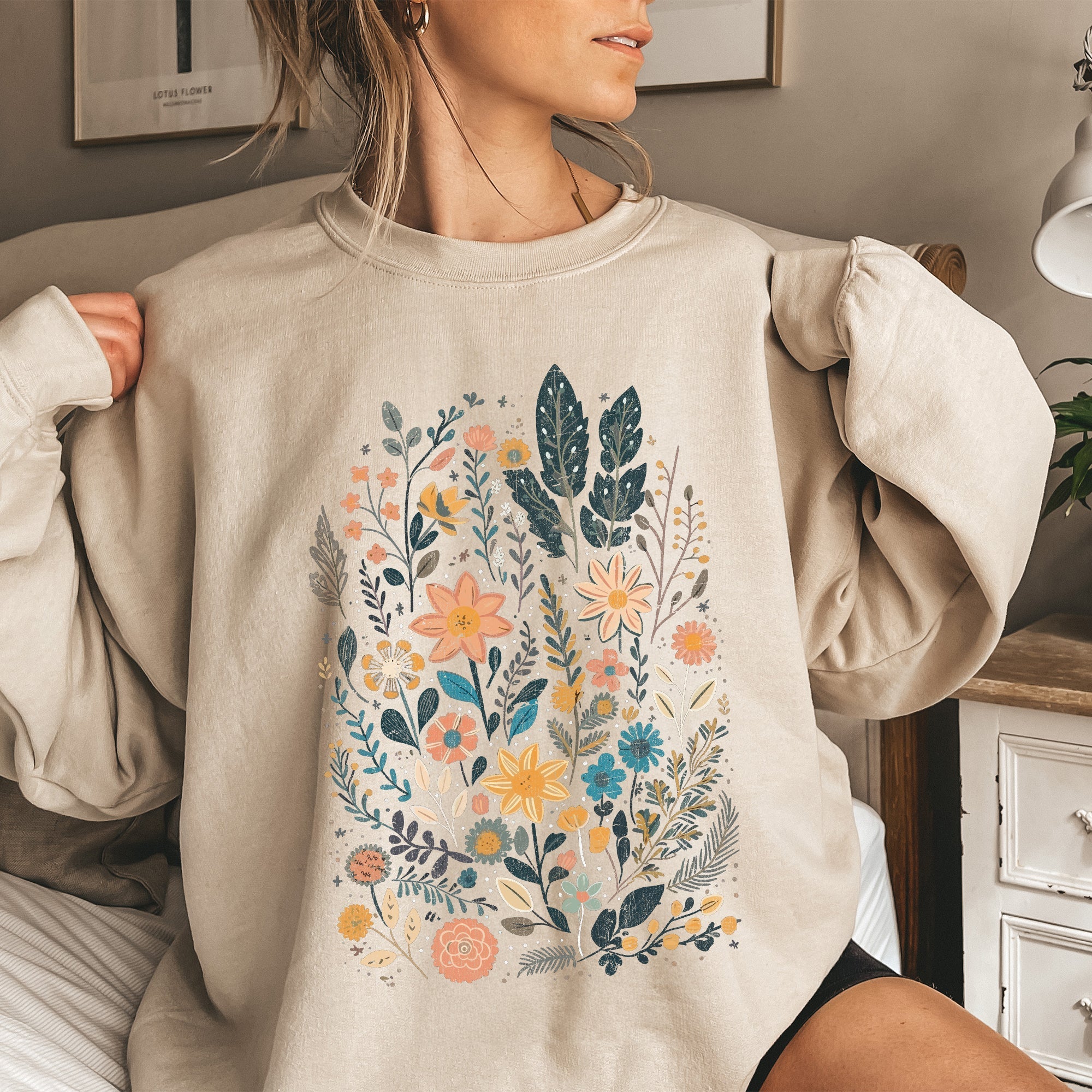 Whimsical Garden Floral Design With Delicate Petals And Lush Leaves And Blooms Sweatshirt