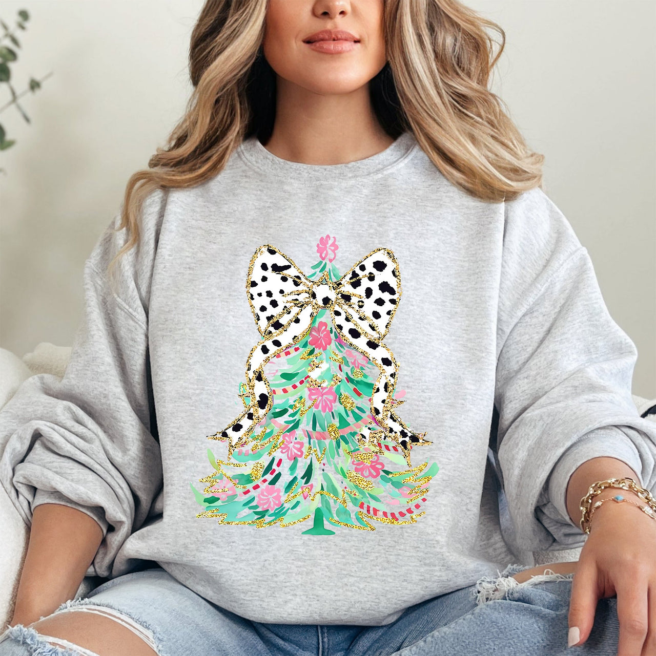 Whimsical Pastel Christmas Tree Coquette Ribbon Bow Dalmatian Print Xmas Sweatshirt