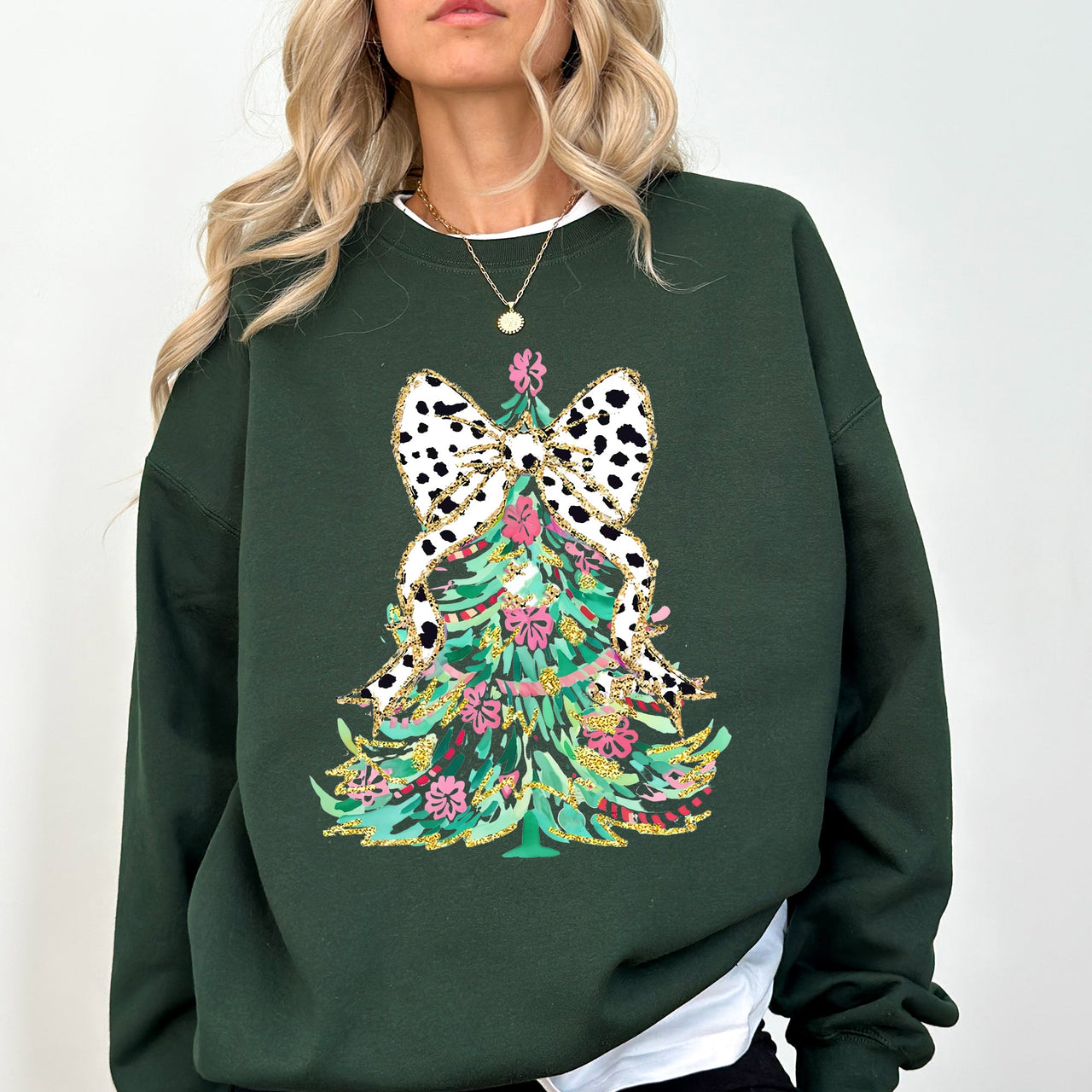 Whimsical Pastel Christmas Tree Coquette Ribbon Bow Dalmatian Print Xmas Sweatshirt