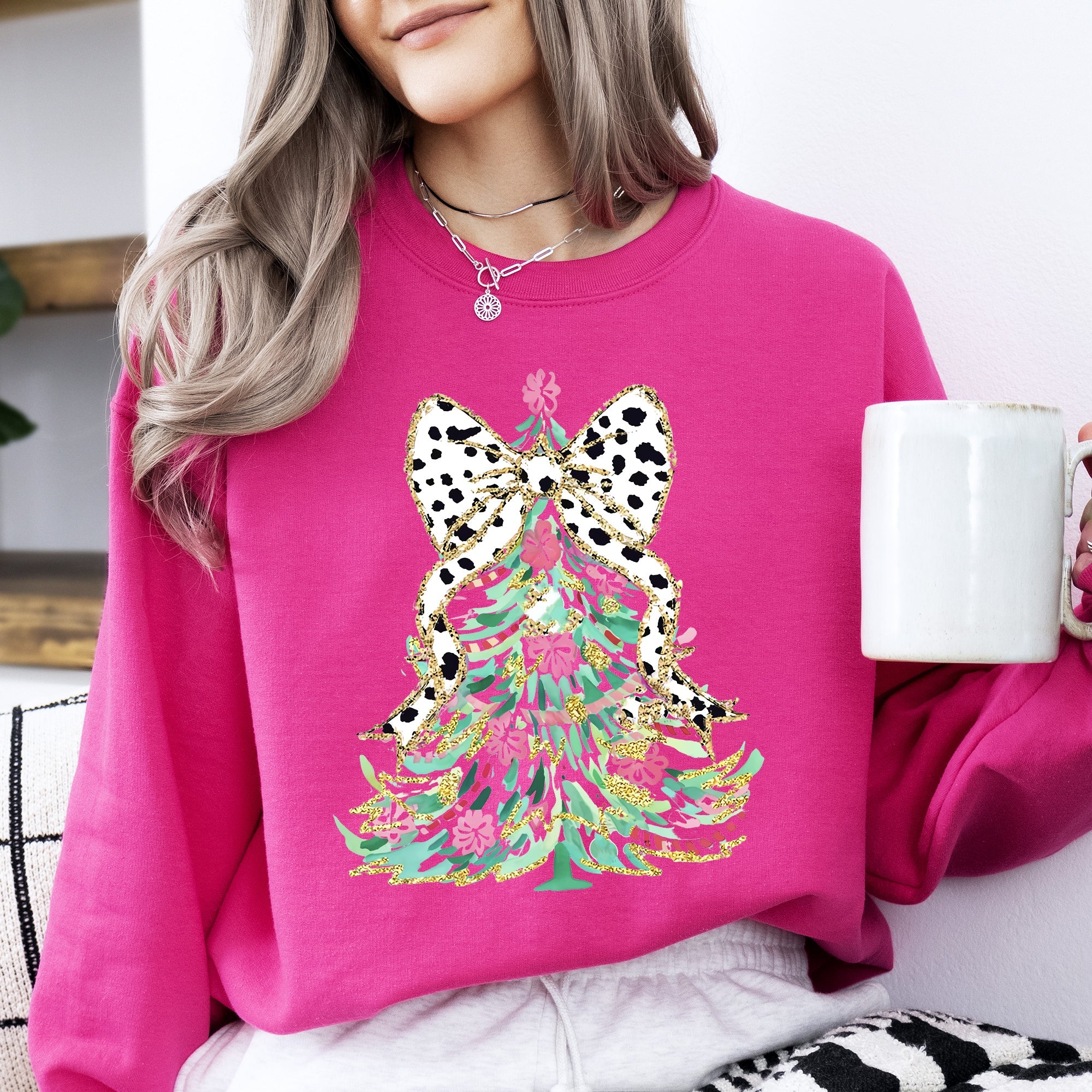 Whimsical Pastel Christmas Tree Coquette Ribbon Bow Dalmatian Print Xmas Sweatshirt