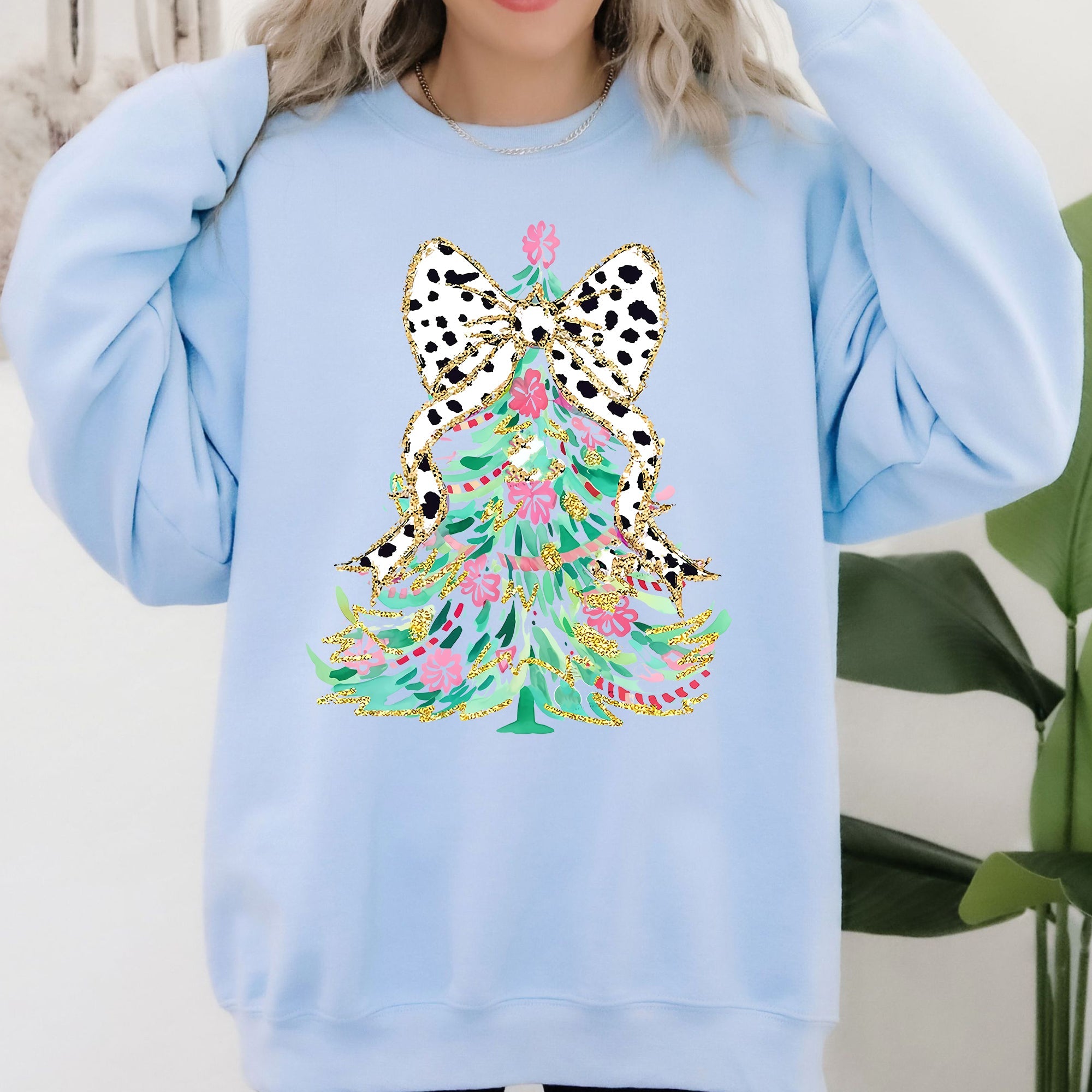Whimsical Pastel Christmas Tree Coquette Ribbon Bow Dalmatian Print Xmas Sweatshirt