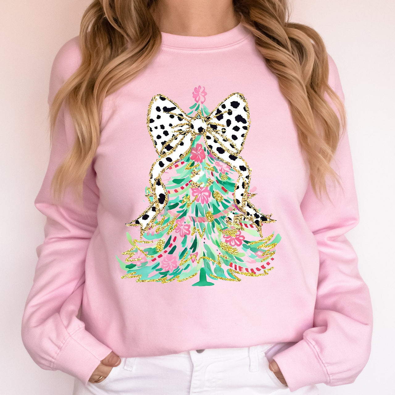 Whimsical Pastel Christmas Tree Coquette Ribbon Bow Dalmatian Print Xmas Sweatshirt
