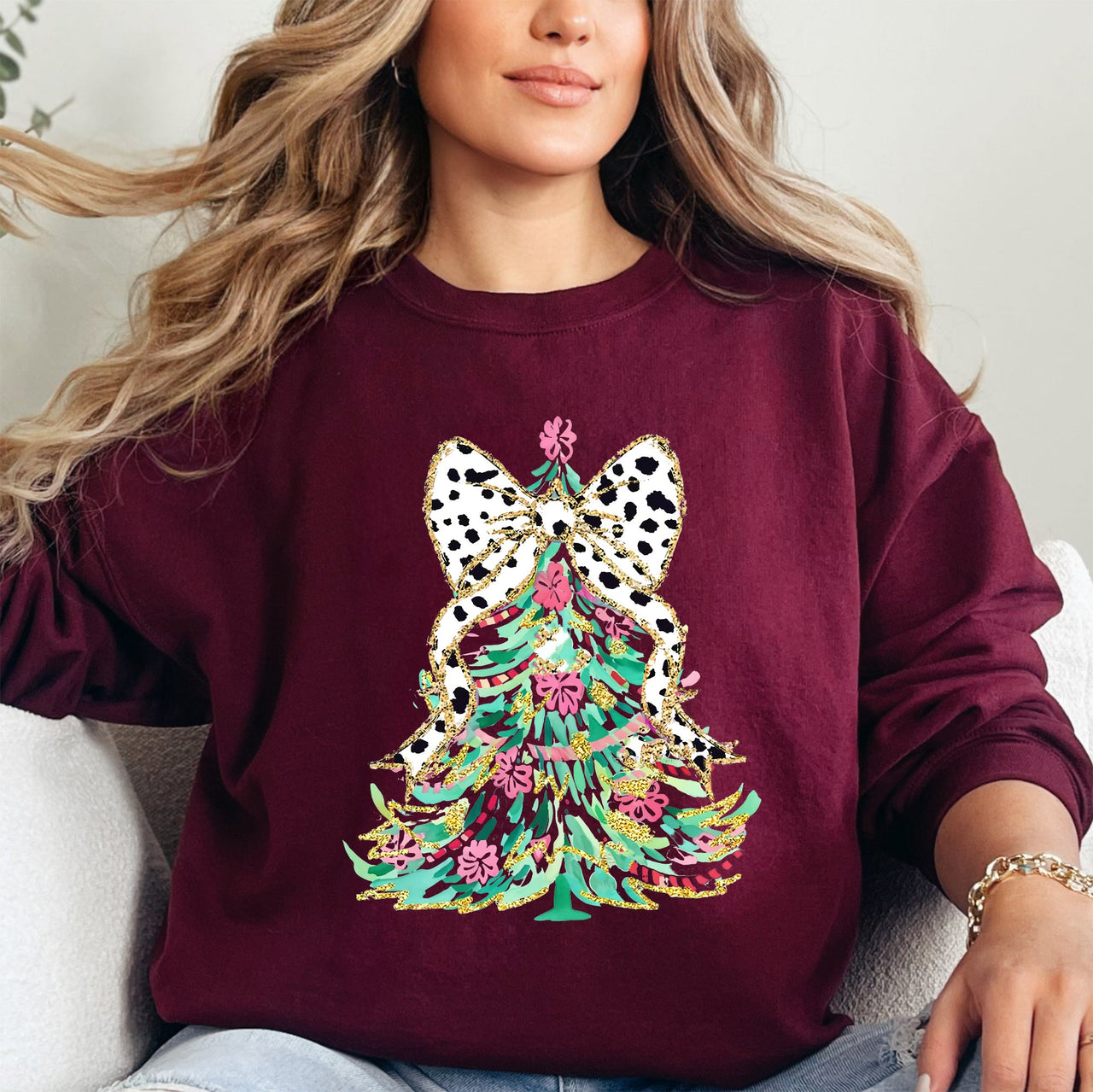 Whimsical Pastel Christmas Tree Coquette Ribbon Bow Dalmatian Print Xmas Sweatshirt