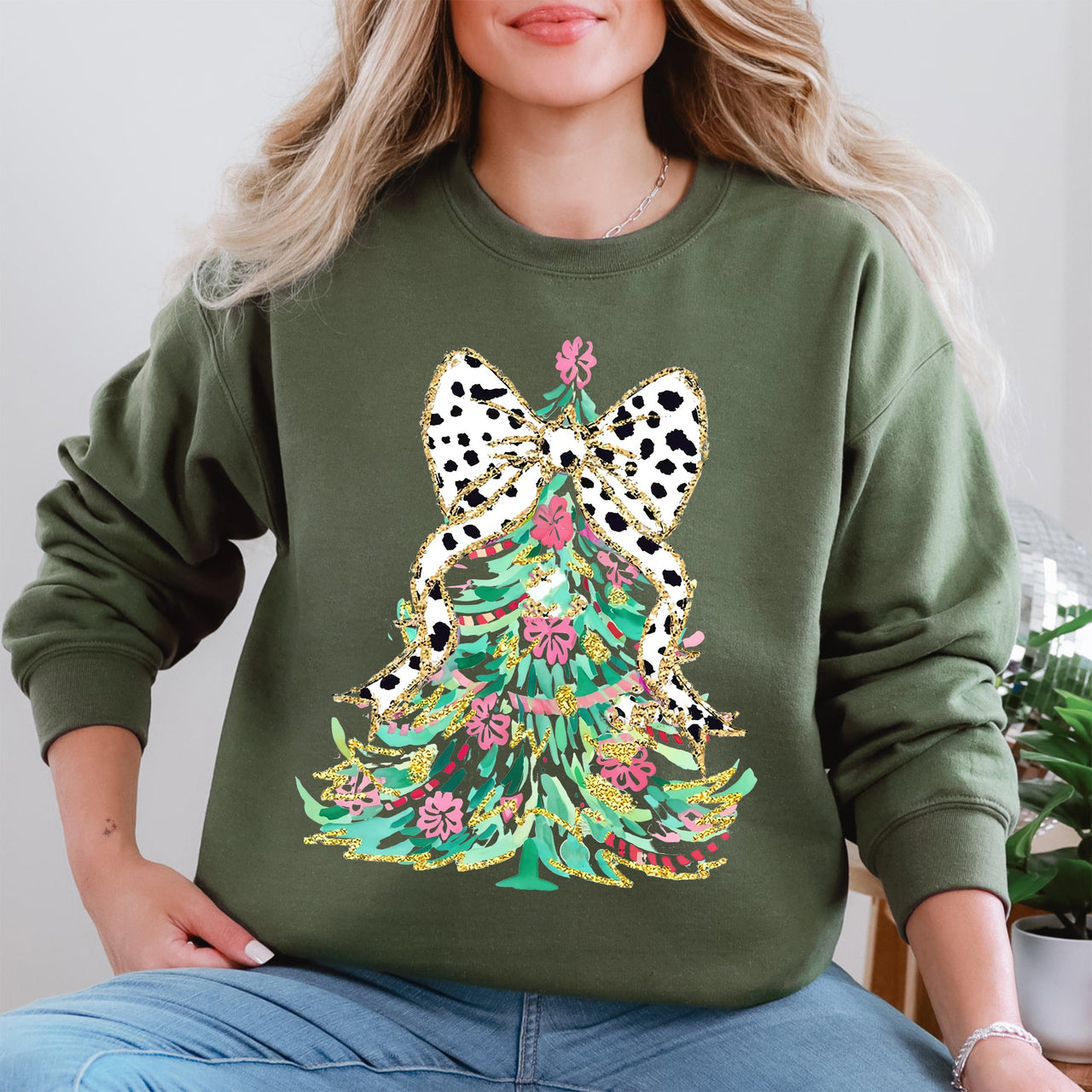 Whimsical Pastel Christmas Tree Coquette Ribbon Bow Dalmatian Print Xmas Sweatshirt