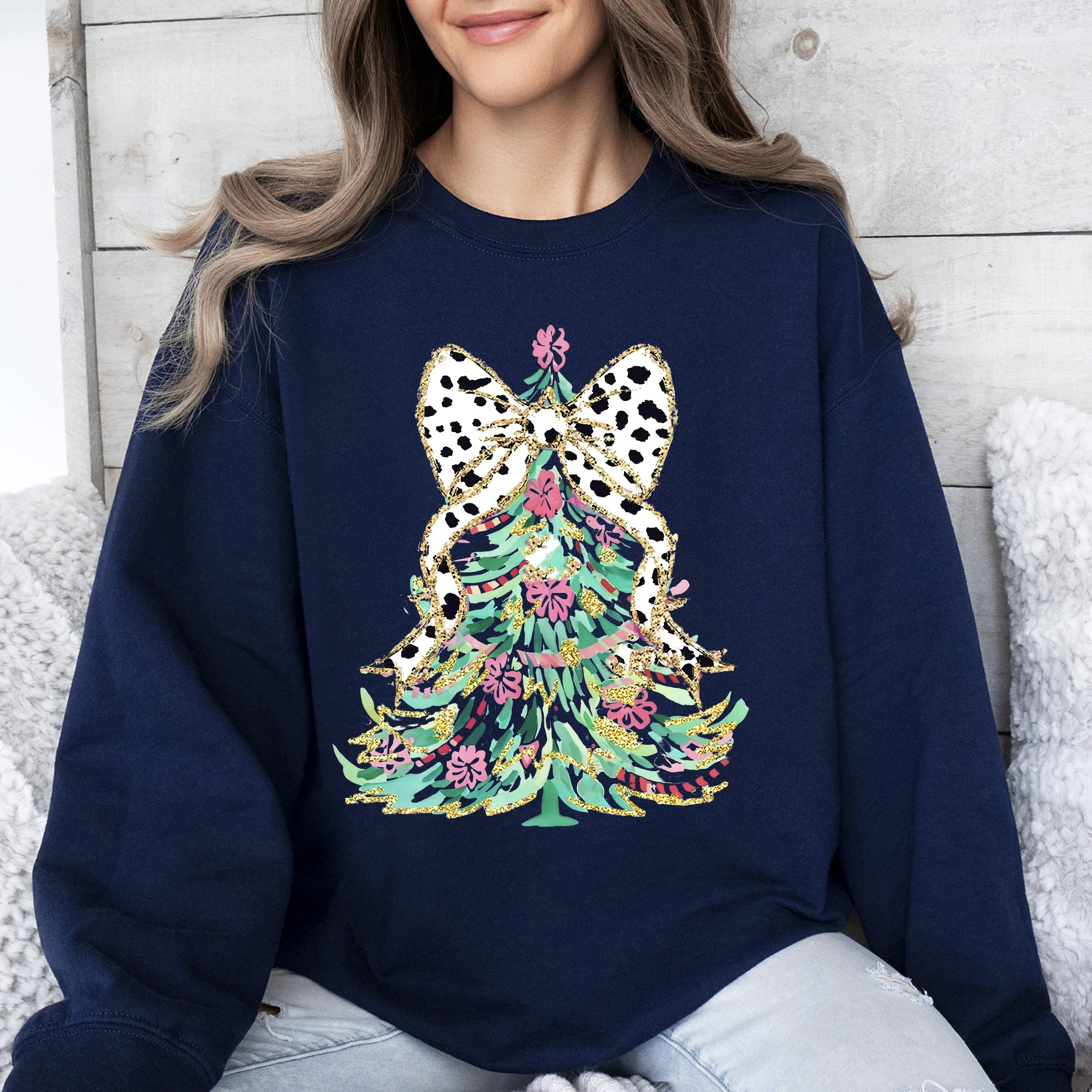 Whimsical Pastel Christmas Tree Coquette Ribbon Bow Dalmatian Print Xmas Sweatshirt