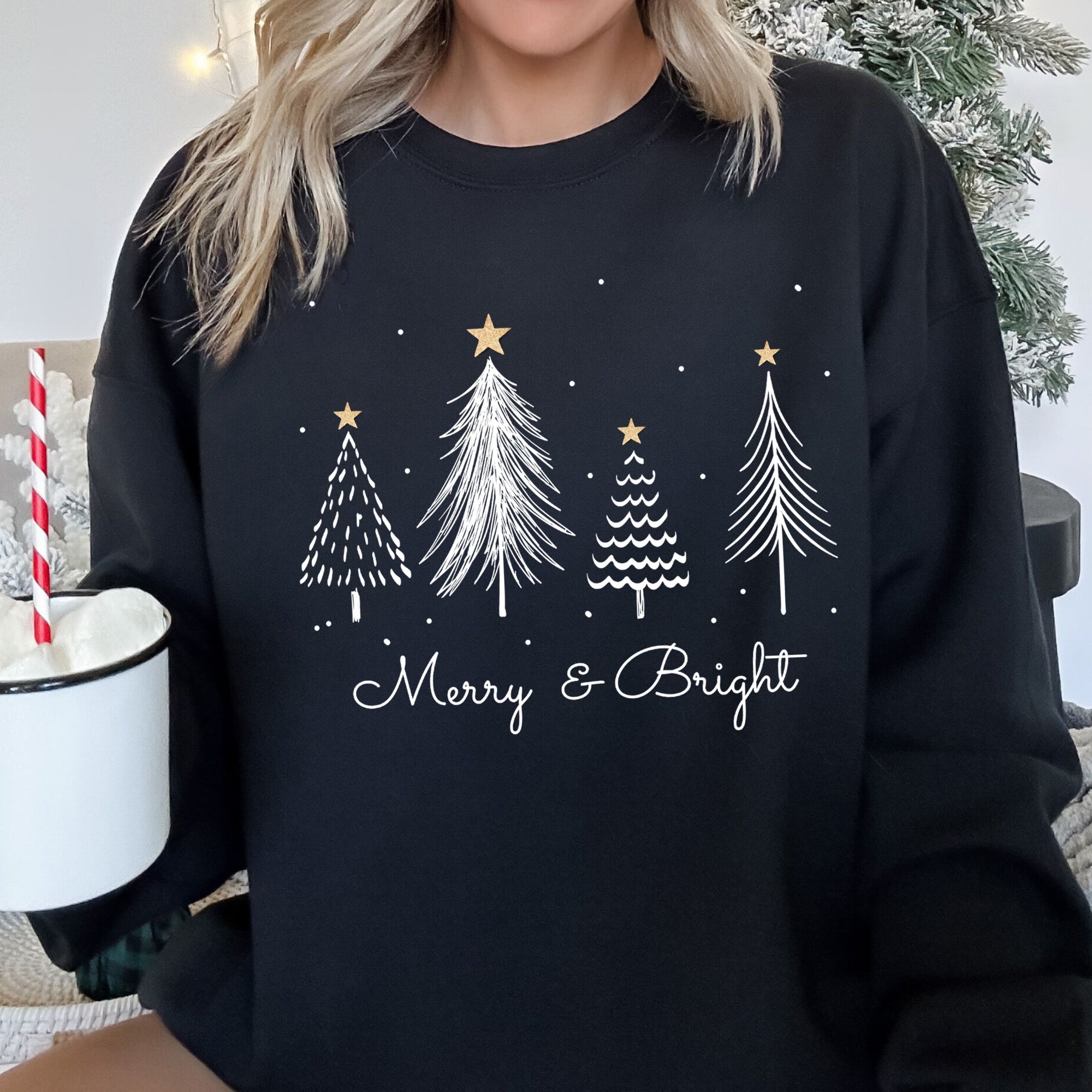 Merry And Bright Christmas Trees Festive Cozy Winter Holiday Seasonal Graphic Sweatshirt