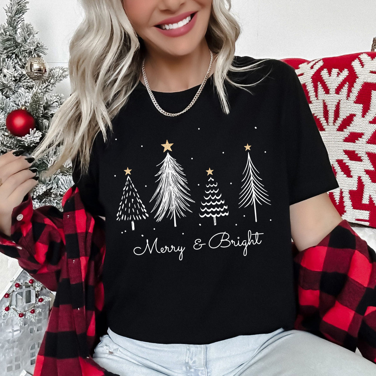 Merry And Bright Christmas Trees With Gold Star And Subtle Snowflake Accents Graphic Tee