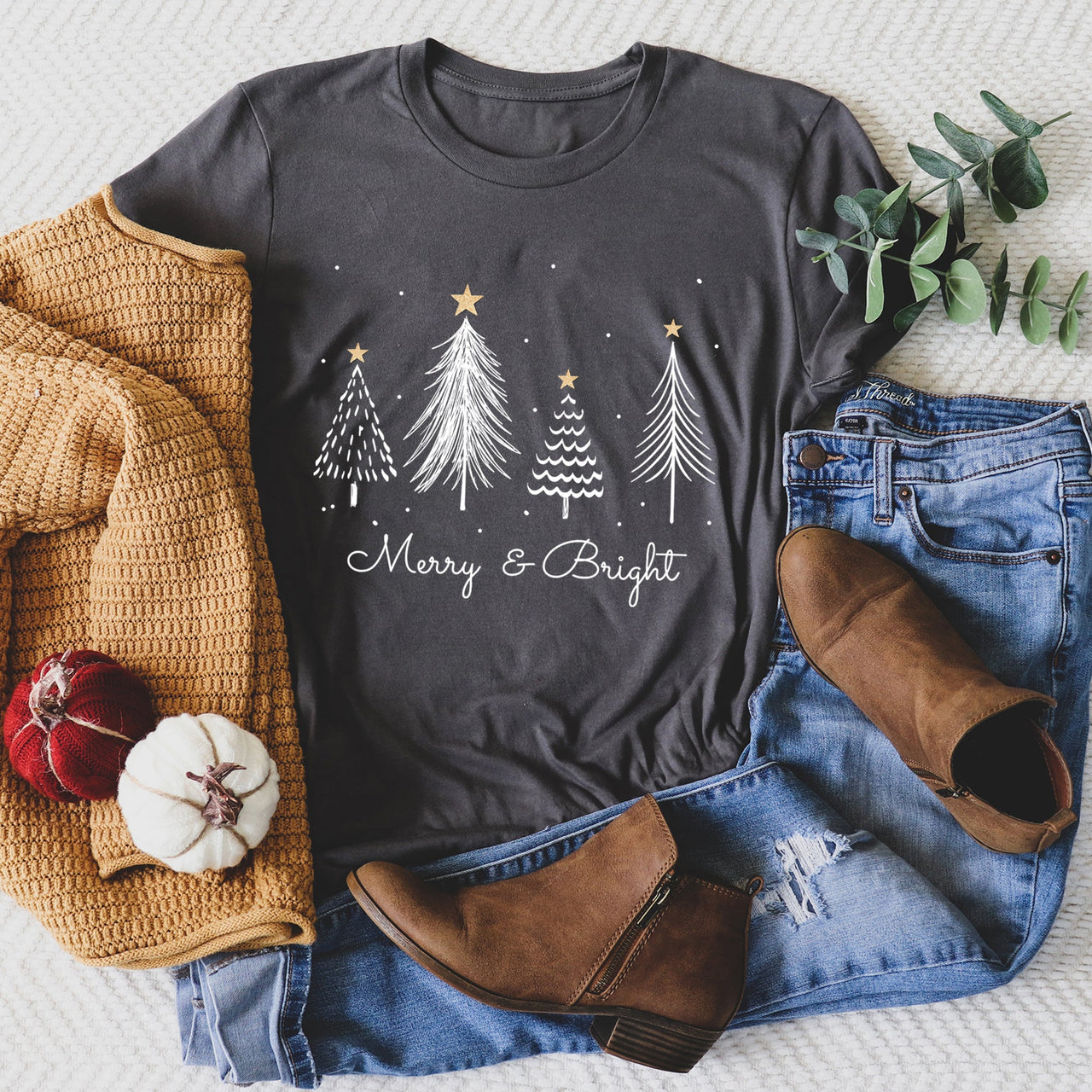 Merry And Bright Christmas Trees With Gold Star And Subtle Snowflake Accents Graphic Tee