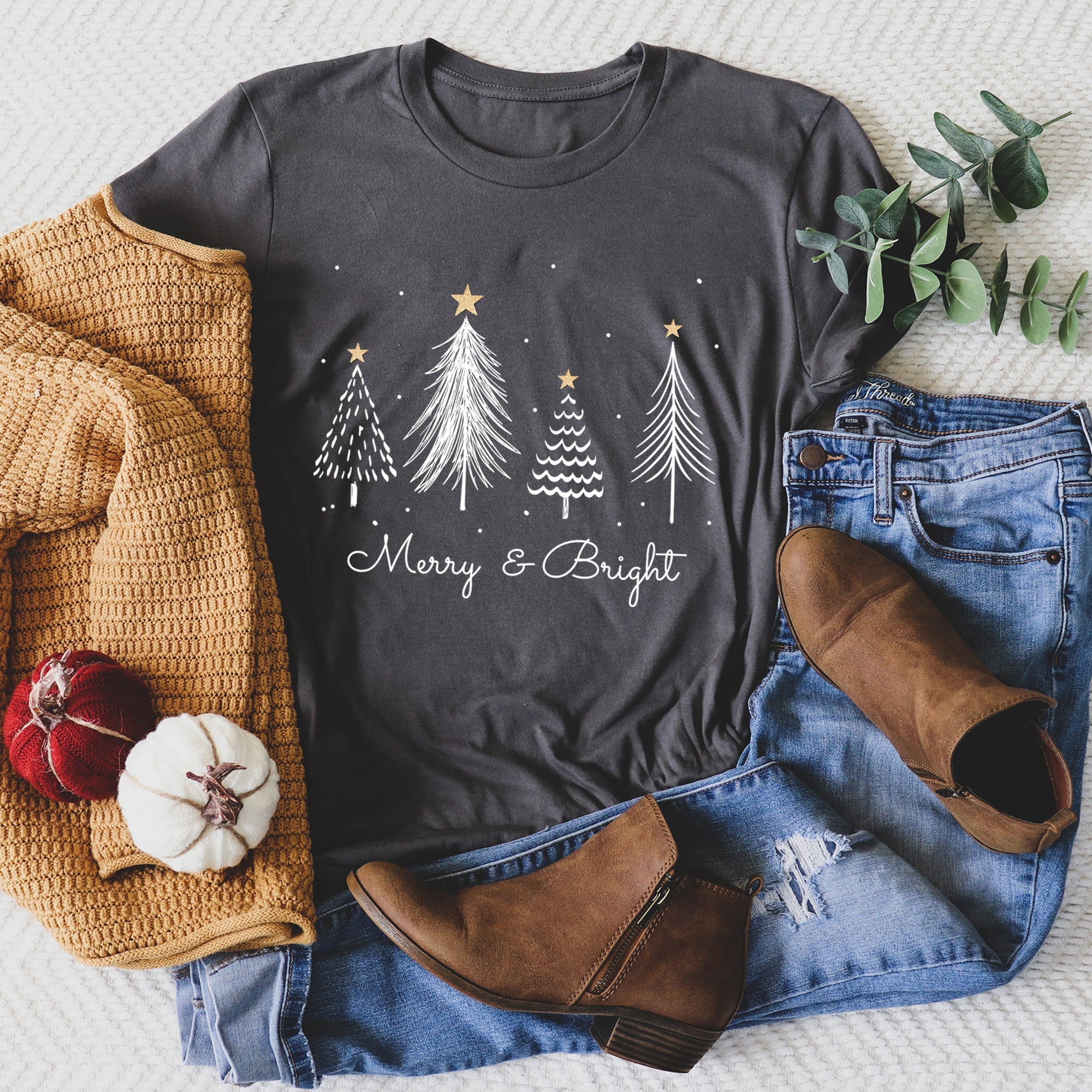 Merry And Bright Christmas Trees With Gold Star And Subtle Snowflake Accents Graphic Tee