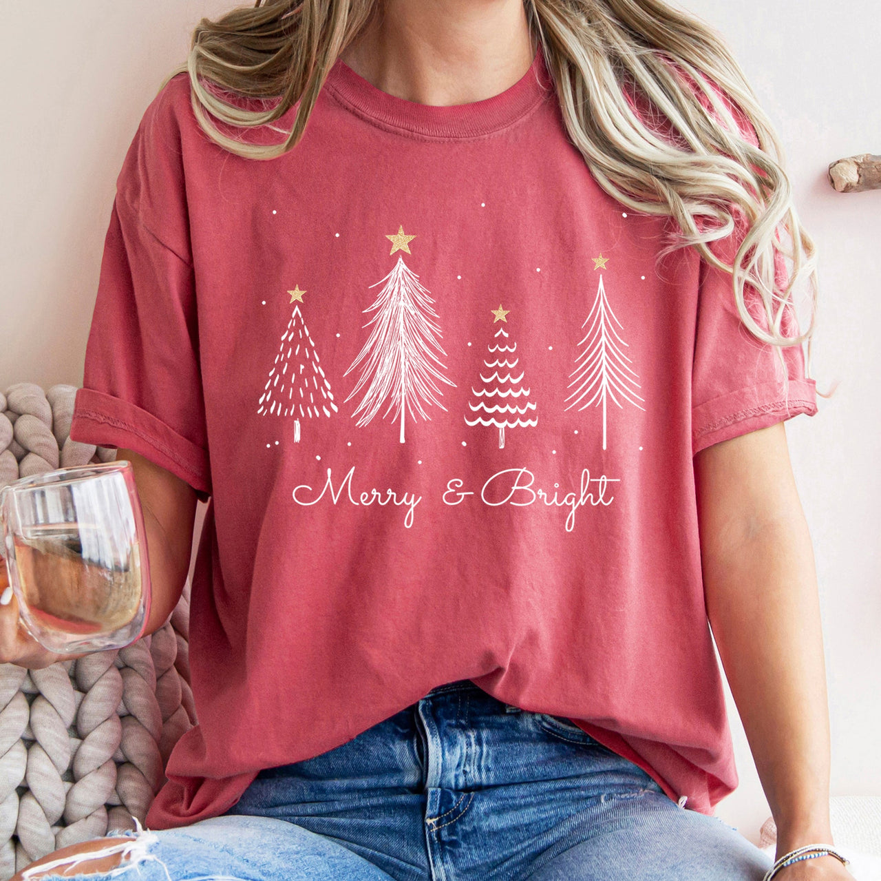 Merry And Bright Christmas Trees With Gold Star Yuletide Celebration Comfort Colors Tee
