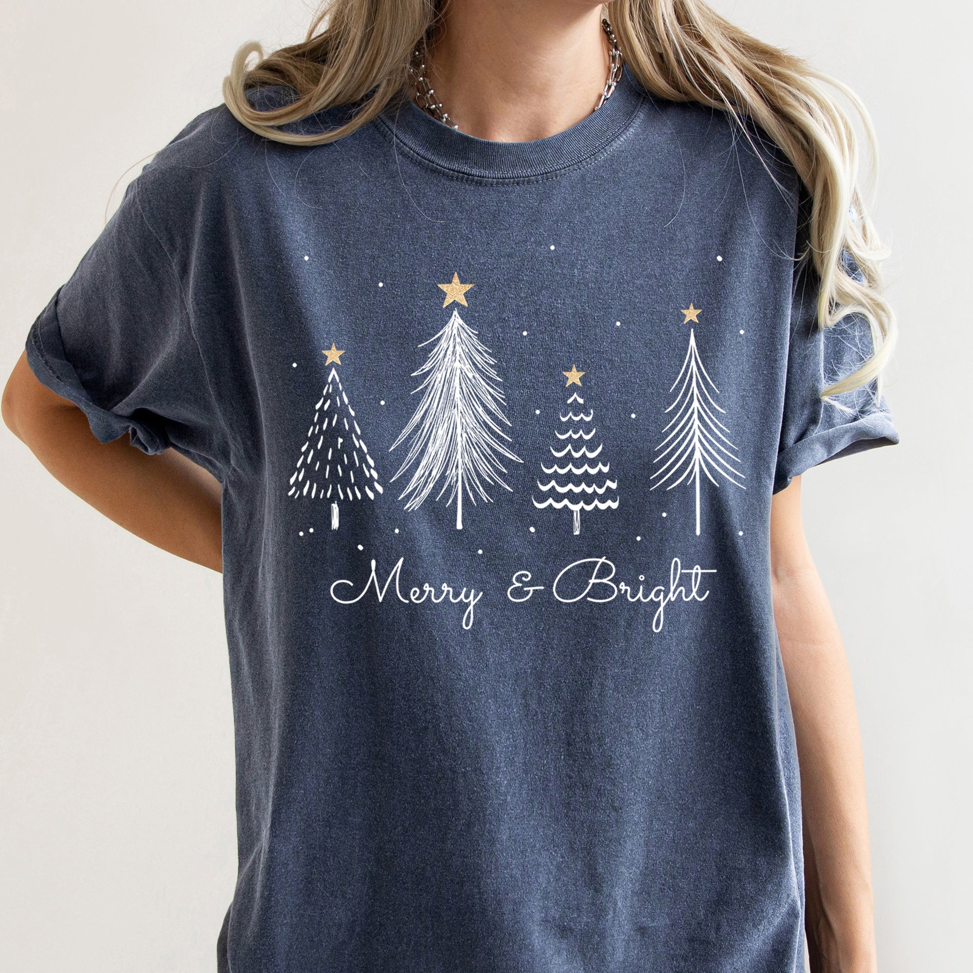 Merry And Bright Christmas Trees With Gold Star Yuletide Celebration Comfort Colors Tee