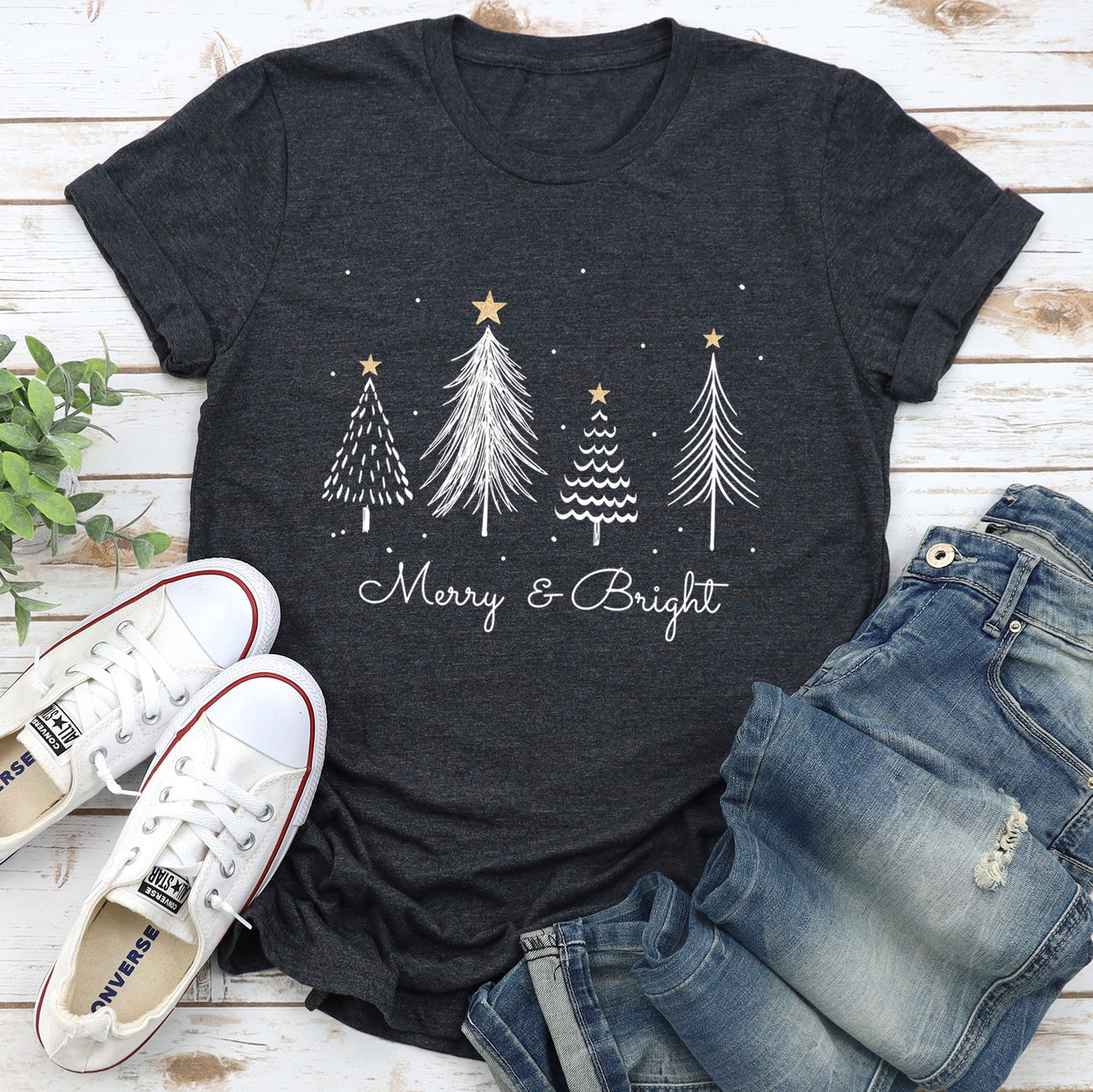 Merry And Bright Christmas Trees With Gold Star And Subtle Snowflake Accents Graphic Tee