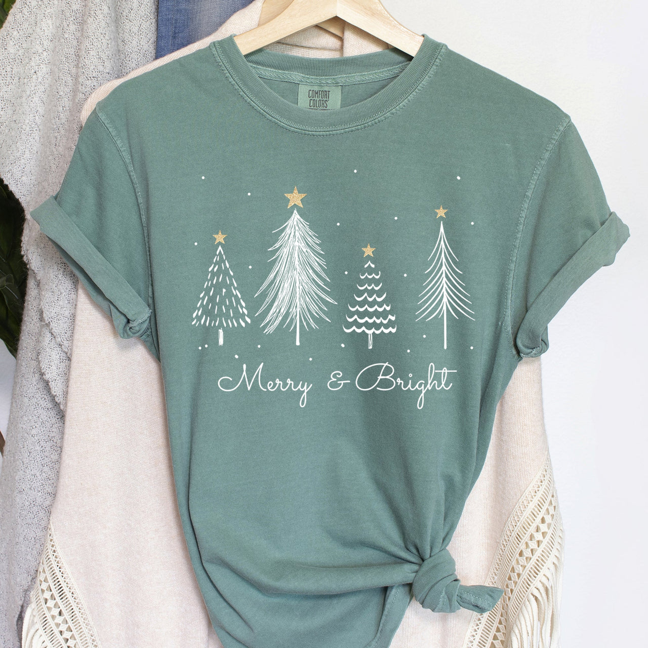 Merry And Bright Christmas Trees With Gold Star Yuletide Celebration Comfort Colors Tee