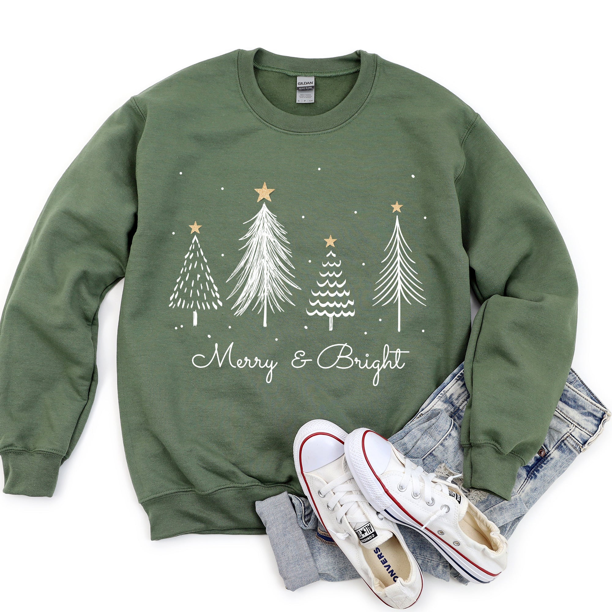 Merry And Bright Christmas Trees Festive Cozy Winter Holiday Seasonal Graphic Sweatshirt