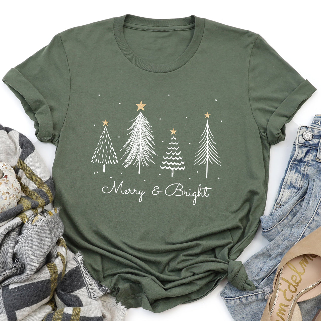 Merry And Bright Christmas Trees With Gold Star And Subtle Snowflake Accents Graphic Tee