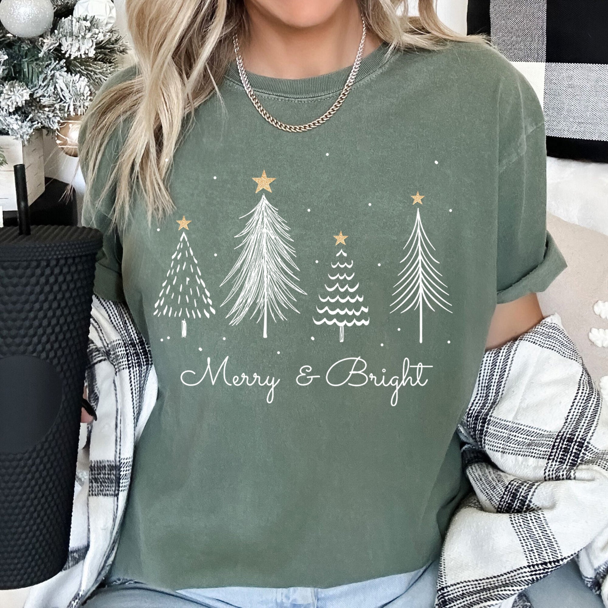 Merry And Bright Christmas Trees With Gold Star Yuletide Celebration Comfort Colors Tee